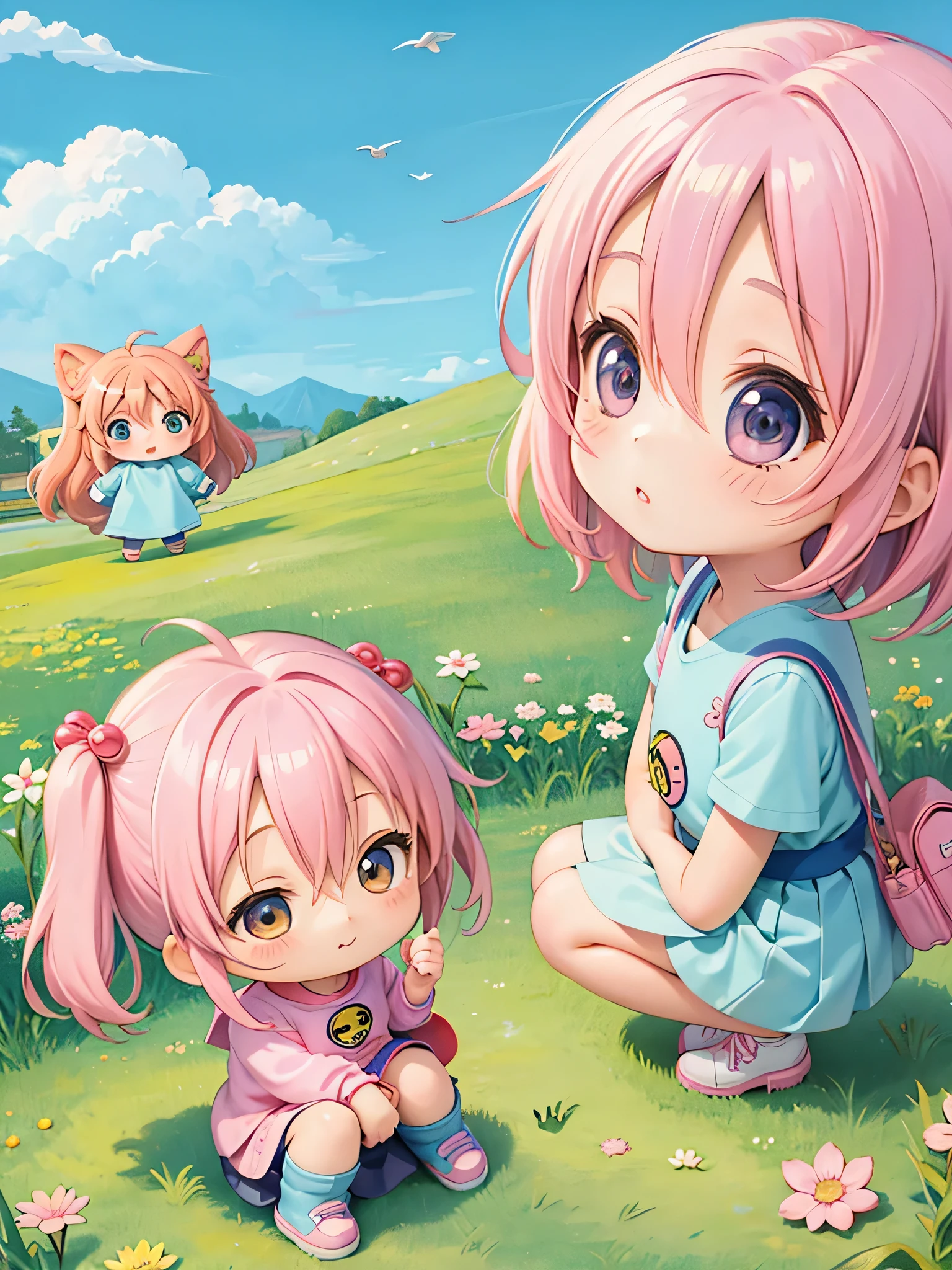 akira toriyama style, Kawaii Design, pastel colour、cutest girl ever、(((Chibi)))、beautiful spring afternoon、birdie、Look up at the sky and take a deep breath
