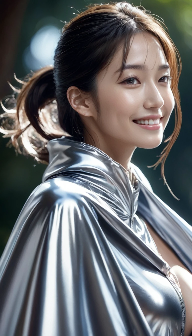 (RAW photo, best quality, masterpiece, ultra-detailed, high res), (realistic),(extremely delicate and beautiful:1), mesmerizing woman with long hair in sleek high ponytail , (((wearing glossy silver cloak fastened at the neck :1.20))), crop top and hotpants , detailed features, smiling expression of feelings, imaginative, highly detailed, extremely high-resolution details, photographic, realism pushed to extreme, fine texture, 4k, ultra-detailed, high quality, high contrast, full body shot
