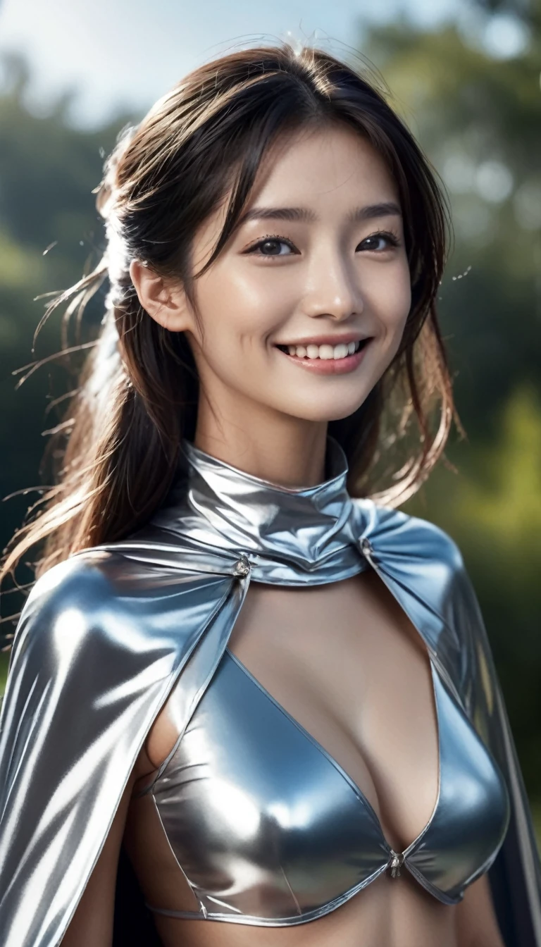 (RAW photo, best quality, masterpiece, ultra-detailed, high res), (realistic),(extremely delicate and beautiful:1), mesmerizing woman with long hair in sleek high ponytail , (((wearing glossy silver cloak fastened at the neck :1.20))), crop top and hotpants , detailed features, smiling expression of feelings, imaginative, highly detailed, extremely high-resolution details, photographic, realism pushed to extreme, fine texture, 4k, ultra-detailed, high quality, high contrast, full body shot