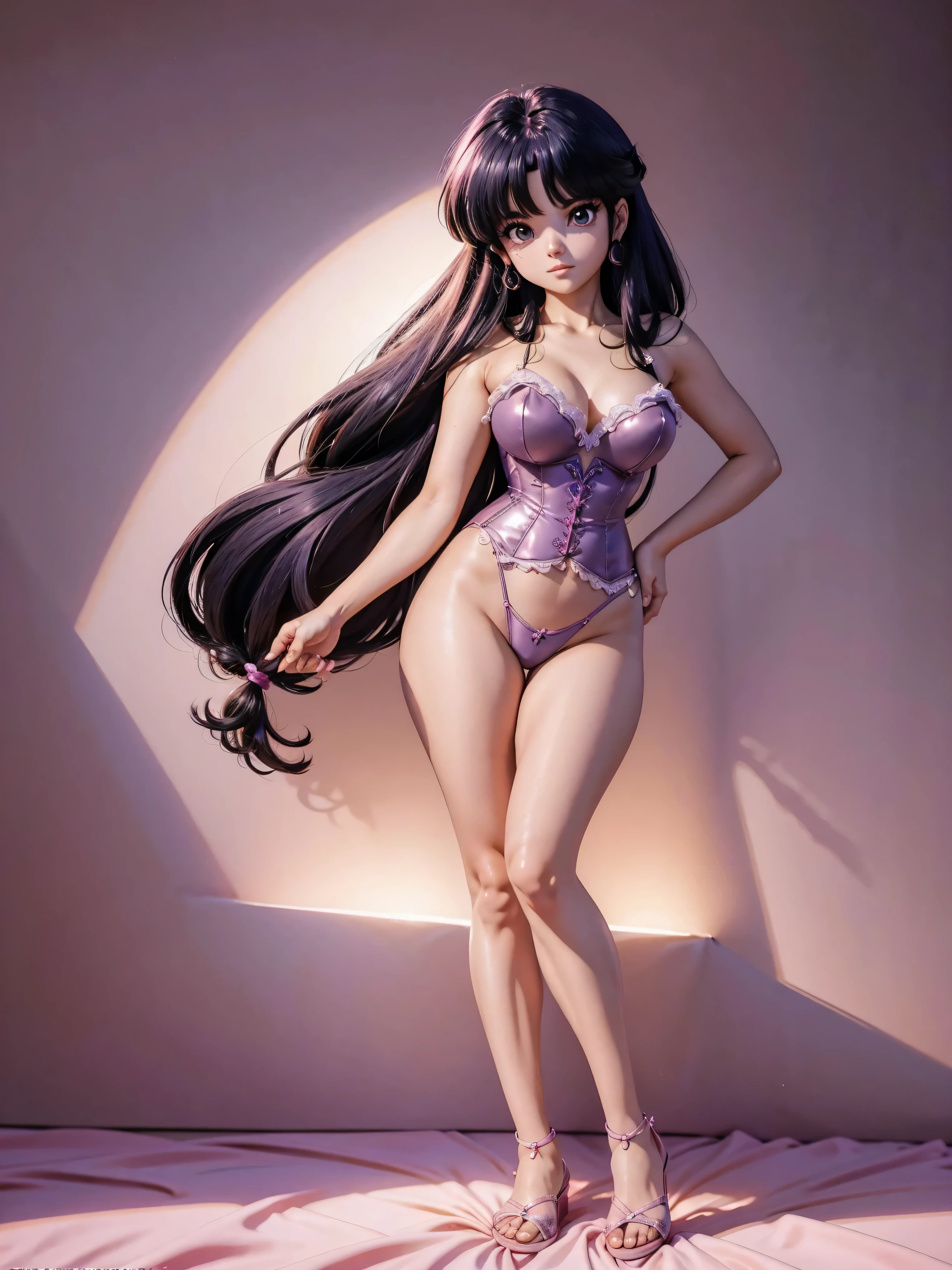 Garota anime de cabelo escuro com saia vestido longo purple meio transparente e espartilho, 16 anos, corpo bonito, seios grandes, com hand in panties , hand in hair, Garota sexy, purple cabelo, mechas de cabelo laterais, mechas de cabelo na lateral do rosto, beautiful lighting, sombras suaves, olhos azuis, pernas bonitas, cabelo curto, estilo anime, personagem Akane Tendo, Autora Rumiko Takahashi, Baseado em obra de Rumiko Takahashi, Anime Ranma 1/ 2, decote sexy, quadril robusto, corpo inteiro, corpo inteiro, busto grande, garota jovem com corpo belo e bonito, sandals on his feet, garota 16 anos jovem, usando saia e corset pink e purple meio transparente, garota anime, estilo anime, beautiful feet in sandals, 45° viewing angle, ao ar livre, peito grande, seios bonitos, cabelo preto, sandals on the feet, pernas bonitas, sexy, belas pernas, Sandalias, seios grandes, corpo completo, corpo inteiro, feet with sandals, anime realista, saia, sarja roxa, personagem realista sexy, straight standing posture, ao ar livre, calcinha pink, hand in panties, saia vestido com 50% de opacidade meio translucida