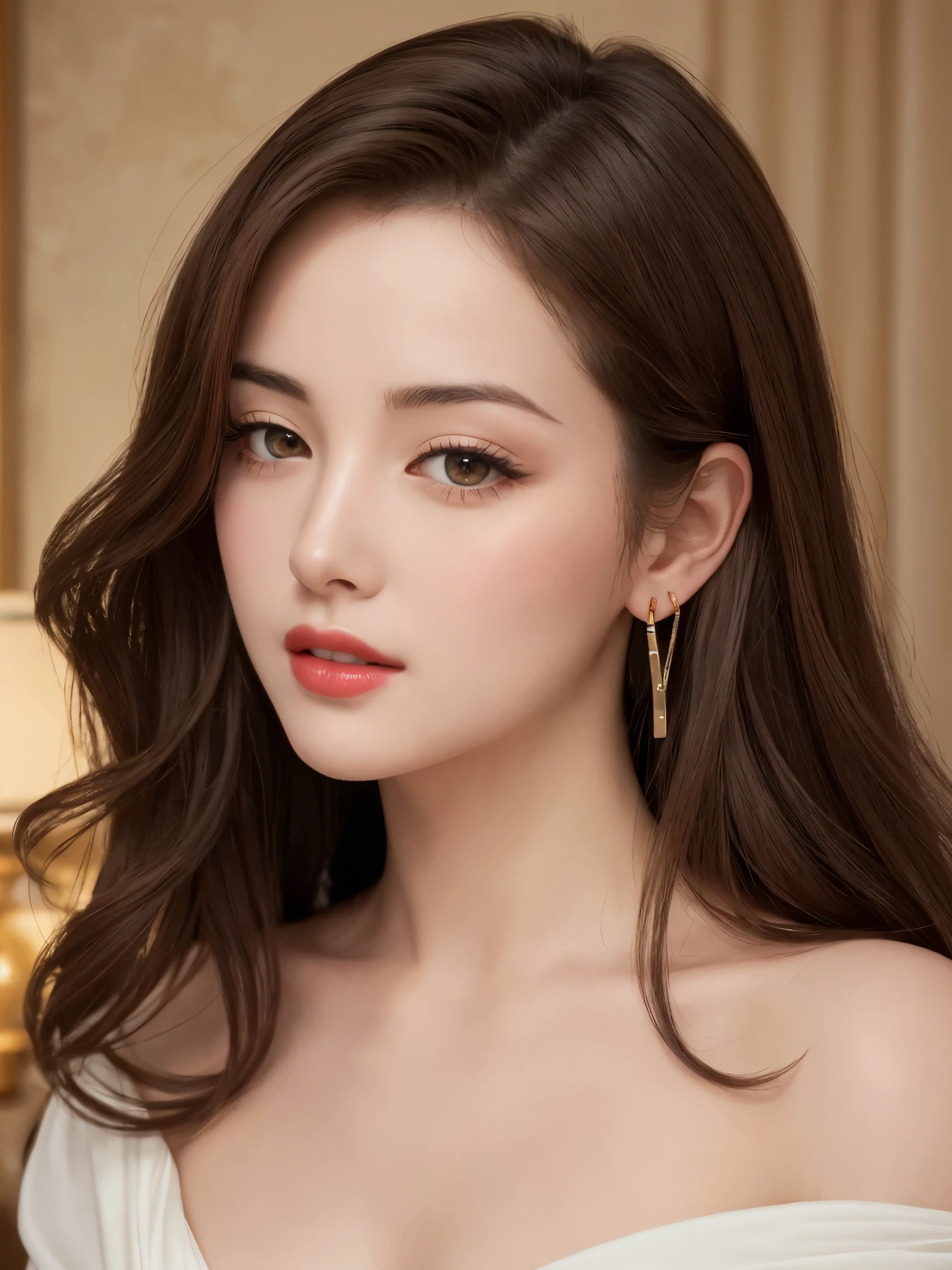 Beautiful black and brown medium hair realistic girl、16 year old girl、complete nudity、very sexy and realistic photos、from the chest up、Angle that emphasizes the face、Focus on the face、Ethereal beauty, Shiny beautiful hair、waves of long hair cascade down her shoulders, ((detailed face:1.2)), ((detailed faceの特徴)), delicate skin、Reflectors that add depth to her attractive features, Photographed with Canon EOS R5, 50MM lens, f/1.8, High resolution, (8K) (wallpaper) 、shadowless lighting、studio lighting、soft light, ((david hamilton style)), Bedroom in a luxury hotel in Rome、Dark night bedroom、Dark, warm, subdued indoor lighting、classic luxury decoration、big bed、big pillow、16 year old adult Japanese female、translucent white skin、very white skin、clean skin without blemishes、Very big face、Silky delicate hair、Gorgeous wavy hair like an actress、thin eyebrows、long eyelashes、Horizontal and very beautiful brown eyes、highlight on eyes、Clear double eyelids、Very red lips、Sexy lips with slightly open mouth、Very sexy expression with a slight smile、the most beautiful face、Marilyn Monroe in Japan、Eyes half closed、 body type、thin and long neck、small sagging breasts、small nipples、large and luxurious gold necklace、Big gold earrings in the ears、Realistic anatomically correct body、very close up of the face、from the chest upの肖像写真、from the front、from a little below、