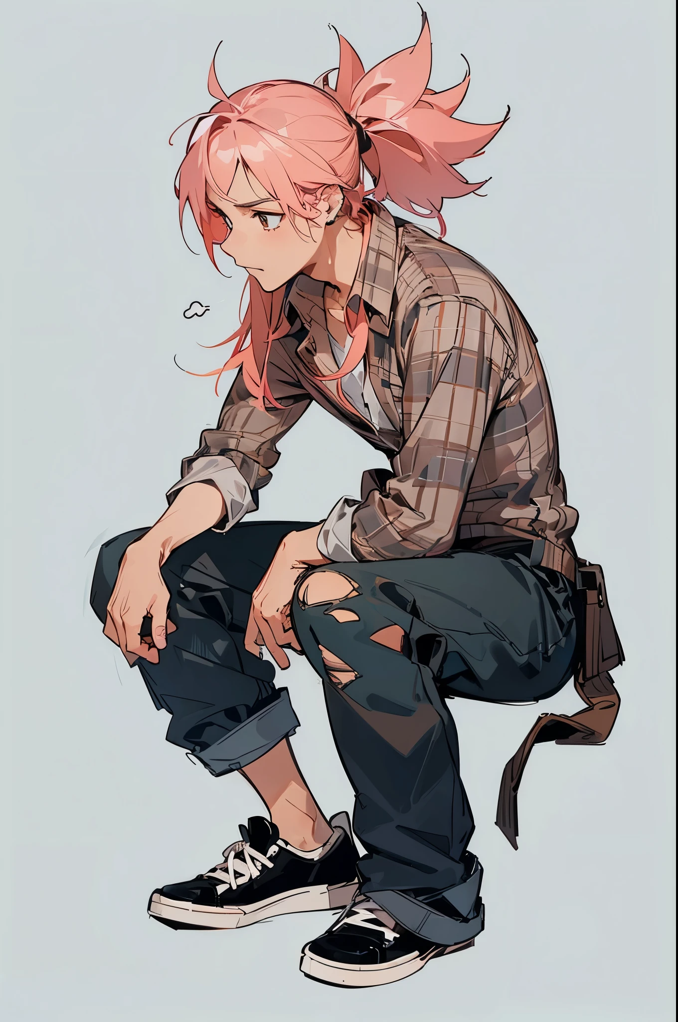 1male, ager, tan skin, long pink hair, tied hair, sitting down, ripped jeans, brown plaid shirt, bored, park background