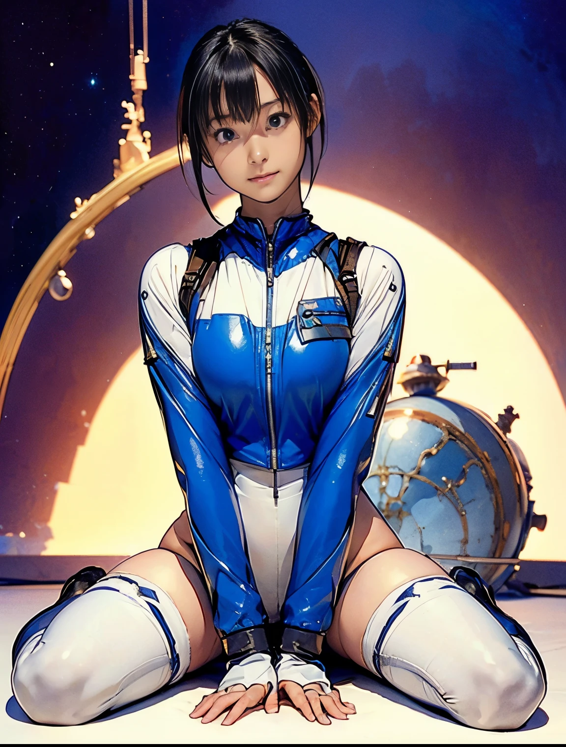 (masterpiece、best quality、Highest resolution、Clear_image、detailed details): (full body picture、15 year old girl、Japanese face、small face、thin、Navy blue super short bob、blue eyes、Blue and Black Shiny Aviator Suit、Armor that protects the chest、tight clothes、Clothes that cover the whole body、leggings、Very delicate and beautiful、hide thighs、hide your ass、Cute type、gentle smile、soft expression、earphone、knee high boots、Gloves come to elbow length、Shooting at eye level、face directly、woman on spaceship), (((camel toe))), ((Plain white tights))