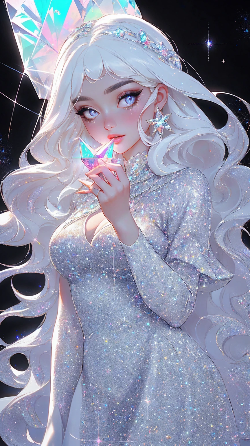 {-erro_de_anatomia:1.0} masterpiece, highest quality, (perfect face:1.1, (high detail)1.1, sweet stardust vampire , long soft white hair, opal eyes, perfectly drawn face, black dress, stars detailed background, prismatic lighting, glitter, whole bod., Very sexy, walking, holding a crystal star in her hands, 