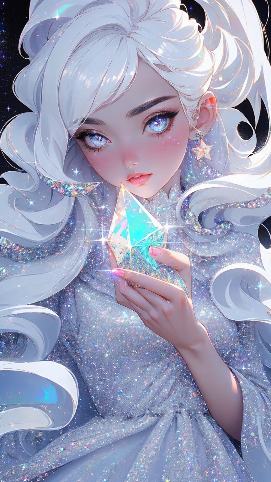 {-erro_de_anatomia:1.0} masterpiece, highest quality, (perfect face:1.1, (high detail)1.1, sweet stardust vampire , long soft white hair, opal eyes, perfectly drawn face, black dress, stars detailed background, prismatic lighting, glitter, whole bod., Very sexy, walking, holding a crystal star in her hands,