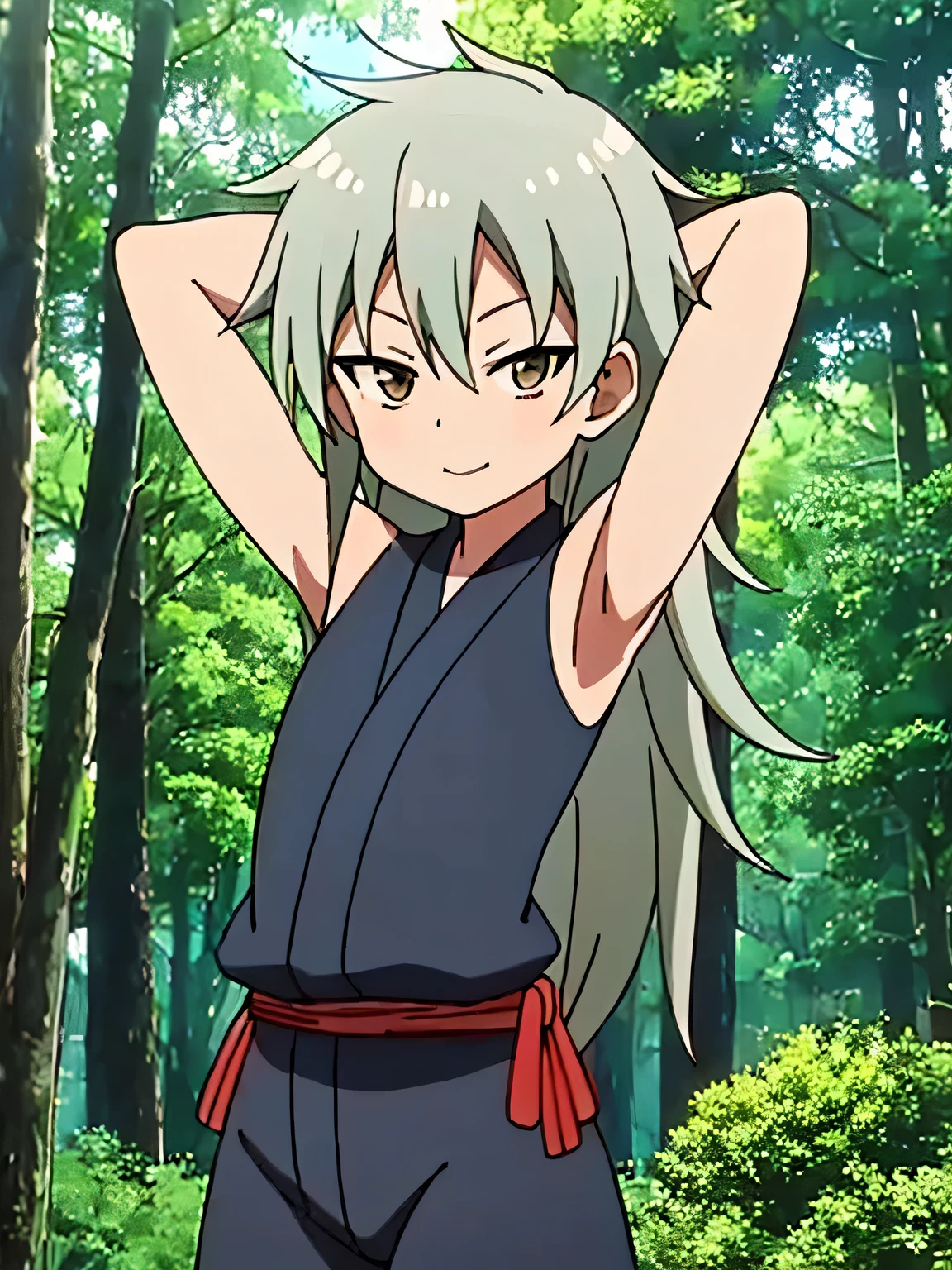 kunoichi_oniyuri, brown eyes, gray hair, long hair, japanese clothes, anime, closed mouth, solo, cowboy shot, night sky, forest, arms behind head, contrapposto, shy smile, spread armpits, shy smile, high quality,