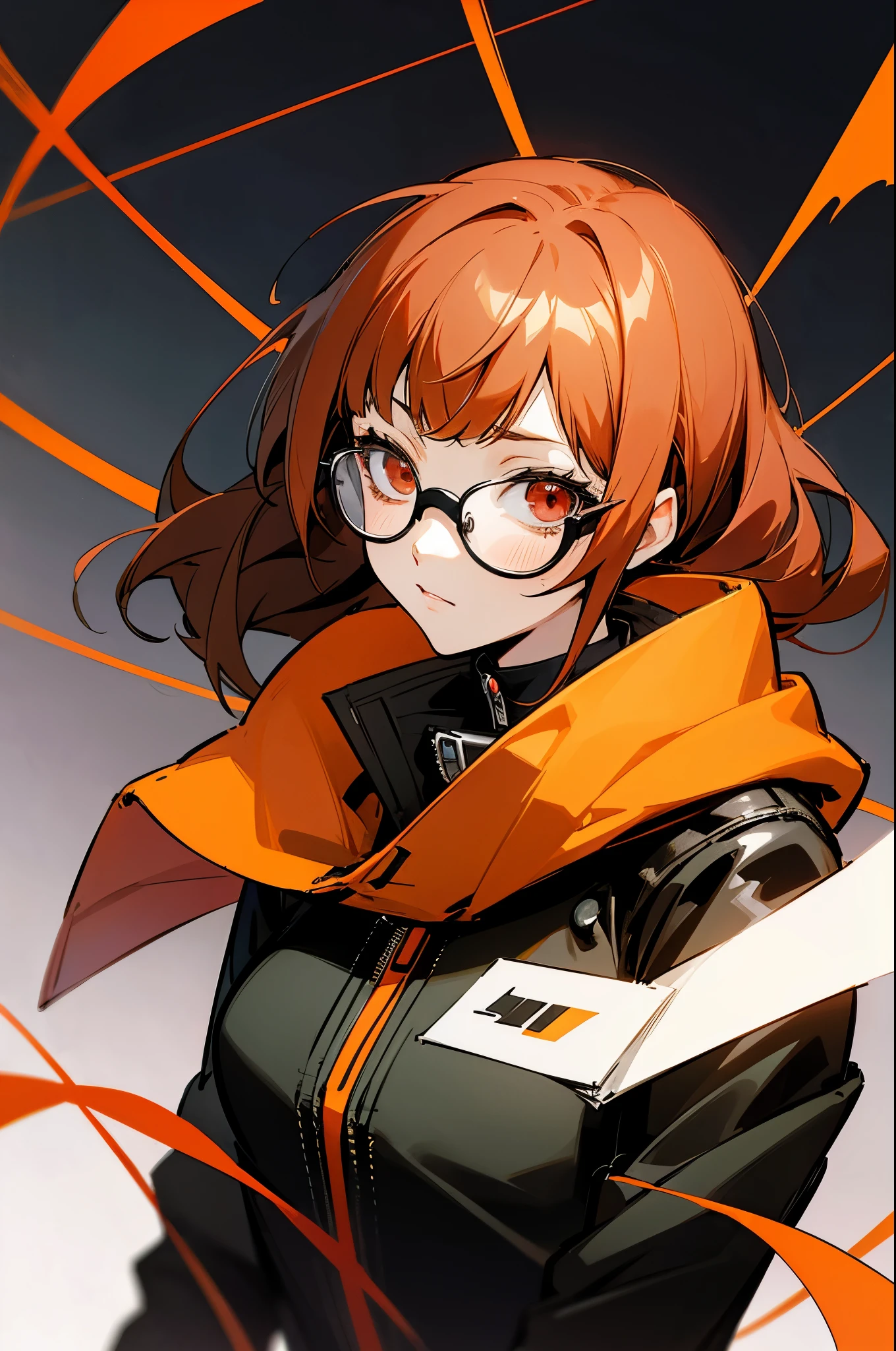 anime girl with glasses and a black jacket on, persona art style, female protagonist 👀 :8, persona 5 art style, hq artwork, hints of yayoi kasuma, yayoi kasuma, persona 5 art style wlop, trigger anime artstyle, kentaro miura art style, zerochan art, portrait n - 9, zerochan, red eyes