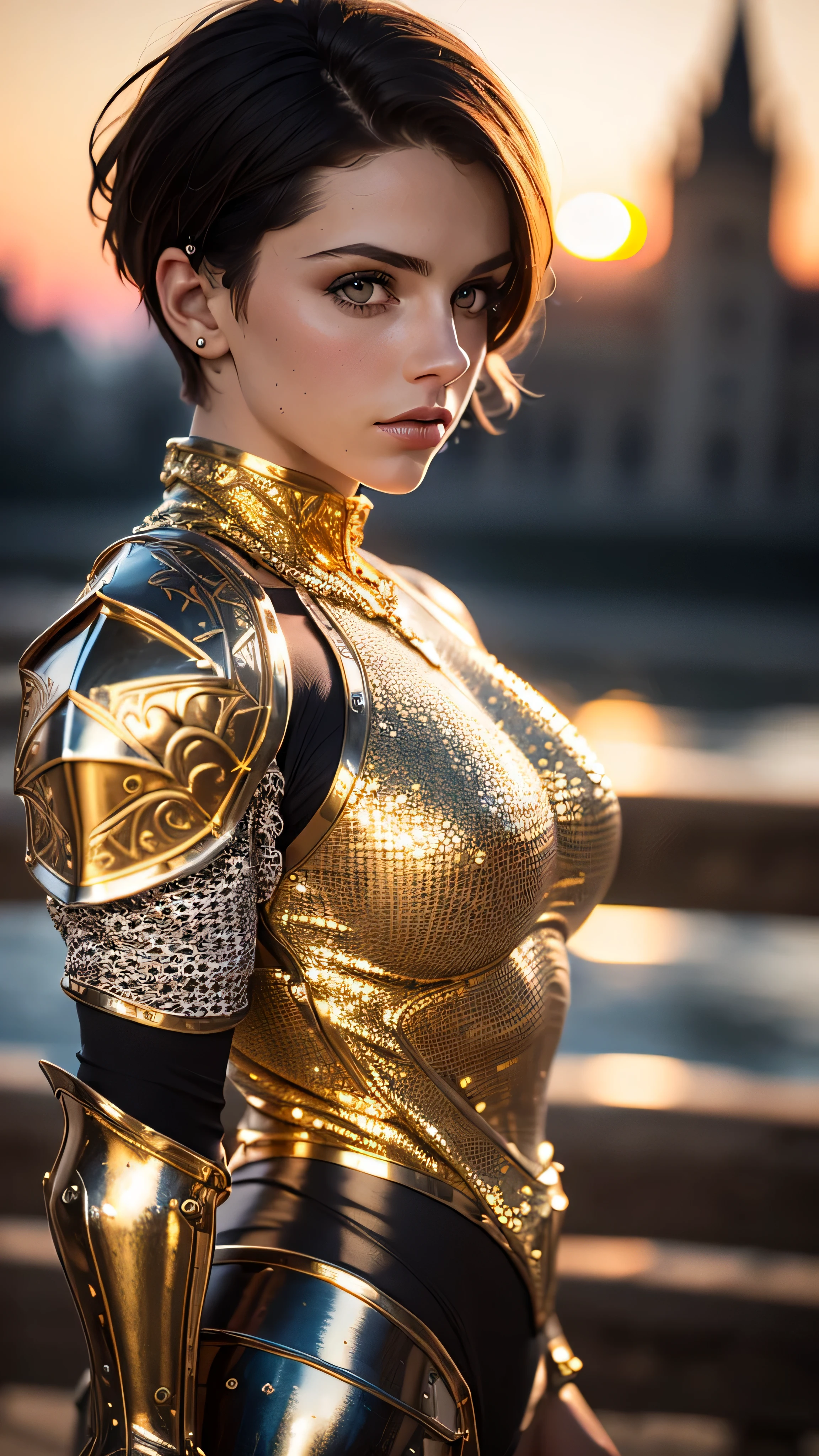 (masterpiece), (extremely intricate:1.3), (realistic), portrait of a muscular bodybuilder girl, ((medieval armor)), metal reflections, upper body, outdoors, intense sunlight, far away castle, professional photograph of a stunning woman detailed, (short undercut dark shaved hair, dynamic pose), sharp focus, dramatic, award winning, cinematic lighting, volumetrics dtx, (film grain, blurry background, blurry foreground, bokeh, depth of field, sunset, interaction, golden chrome Perfectchainmail), 8K