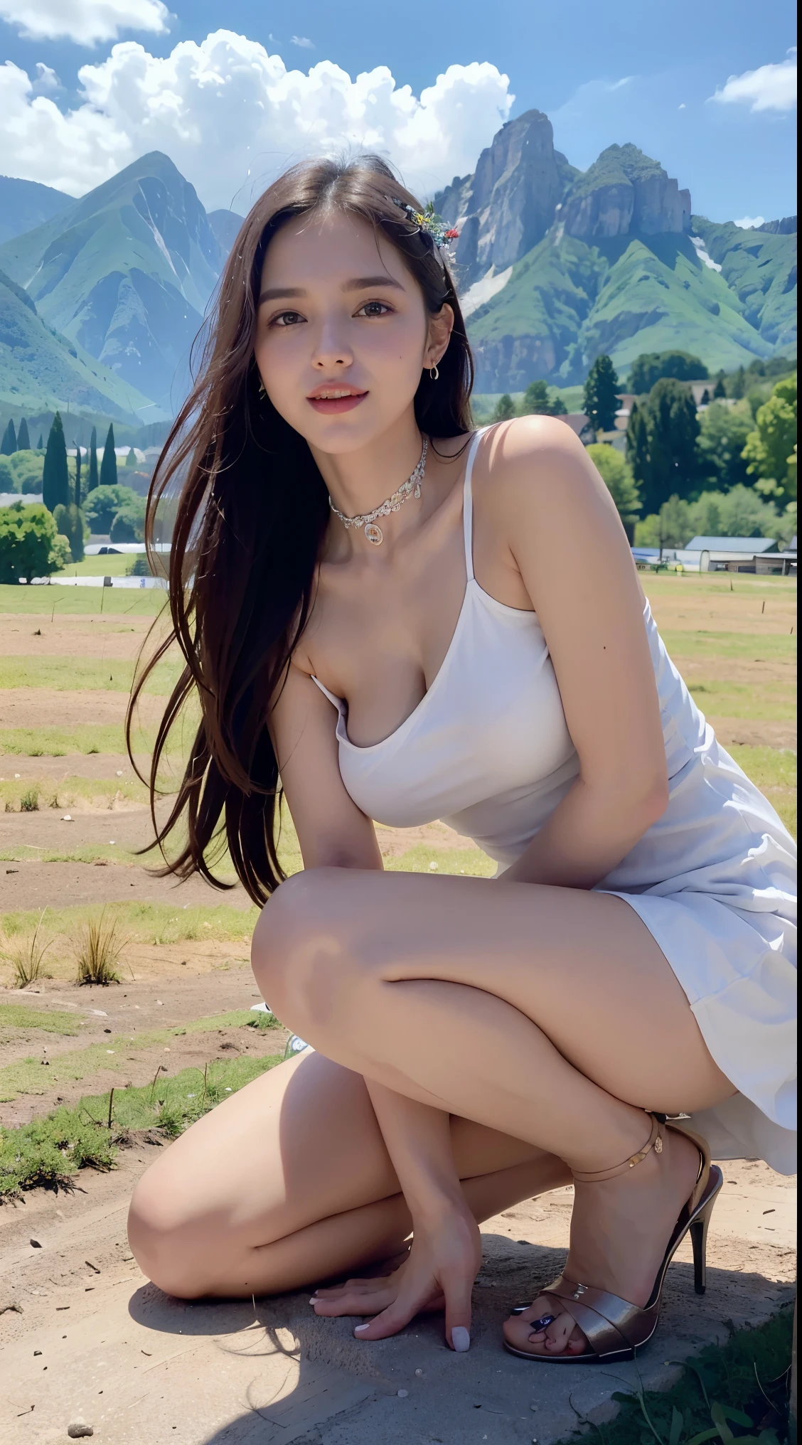 ((Best Quality, 8K, masutepiece:1.3)), beautiful  Girl, pure, Melon face, gentle and cute, Thin figure, (Frontal), (Head Tilted), looks directly at camera, [Detached sleeves::0], [Collared shirt::0], [Capri Pants::0], Black silky long straight hair, long hair flowing over the shoulders, round black big eyes, clear big eyes, Moist red lips, Sweet smile, Sitting, Hands on knees, Blue sky and white clouds, Sunshine, grassy fields, Summit of Mt, Northern view of the Tibetan steppe