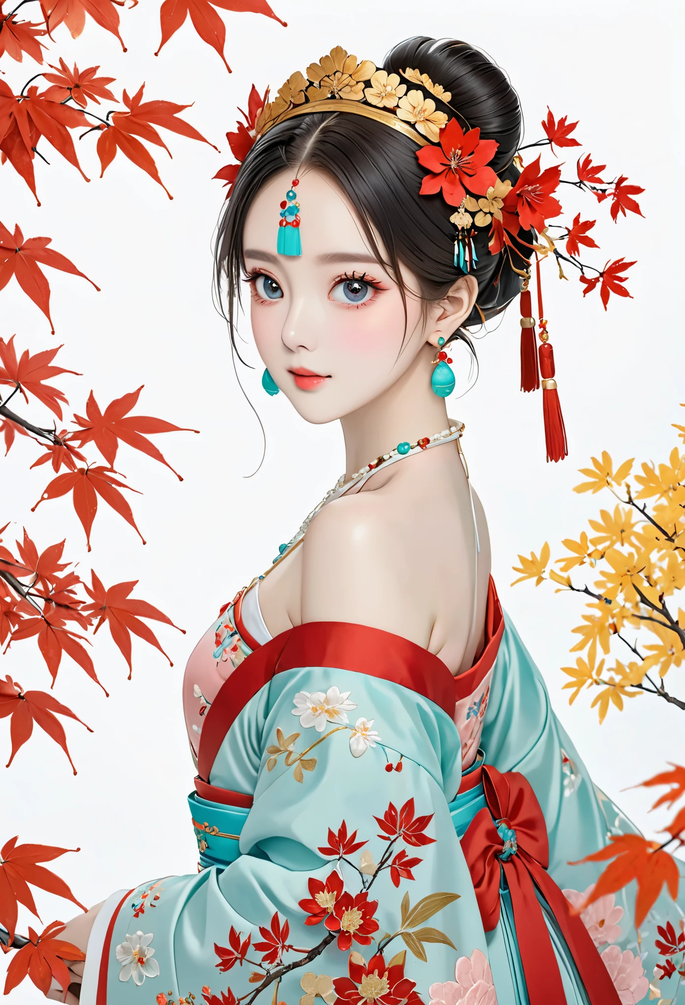 Chinese classics,xiaojing wears a red off-the-shoulder hanfu embroidered with pale cyan and pale pink patterns,big black eyes,red glass earrings,a single bun,a golden yellow headdress,a pink head flower,a pale white necklace inlaid with red and green gemstones,a bright blue and white waistband,a half,pale cyan leaves,red maple leaves,pale yellow flowers,a pale white background,