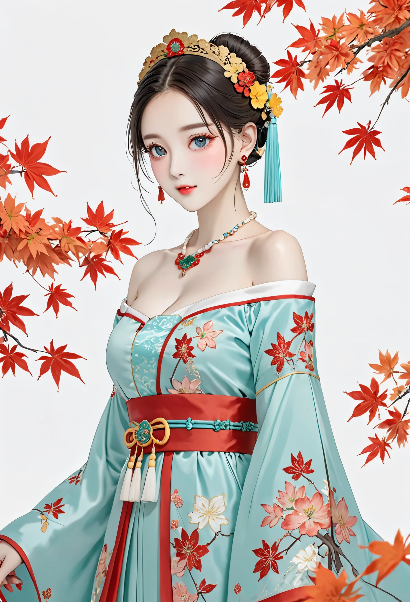 Chinese classics,xiaojing wears a red off-the-shoulder hanfu embroidered with pale cyan and pale pink patterns,big black eyes,red glass earrings,a single bun,a golden yellow headdress,a pink head flower,a pale white necklace inlaid with red and green gemstones,a bright blue and white waistband,a half,pale cyan leaves,red maple leaves,pale yellow flowers,a pale white background,