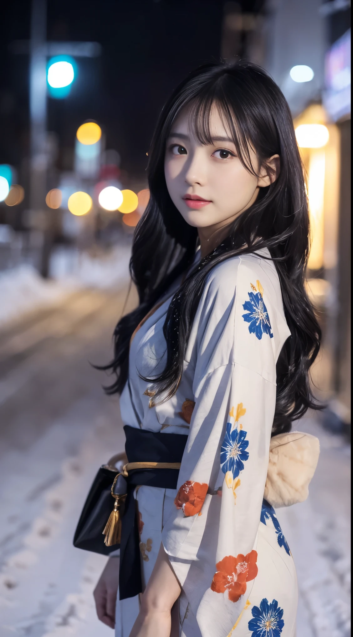(kimono)、、(highest quality,masterpiece:1.3,超A high resolution,),(super detailed,caustics),(Photoreal:1.4,RAW shooting,)ultra-realistic capture,very detailed,High definition 16K for human skin、 Natural skin texture、、Skin looks even-toned and healthy、 Use natural light and color,one woman,Japanese,,cute,black haired,middle hair,(Depth of the bounds written、chromatic aberration、、wide range of lighting、natural shading、)、、(outdoor lights at night:1.3)、(falling snow:1.2)、(hair swaying in the wind:1.1)、(Snow reflects light:1.1)