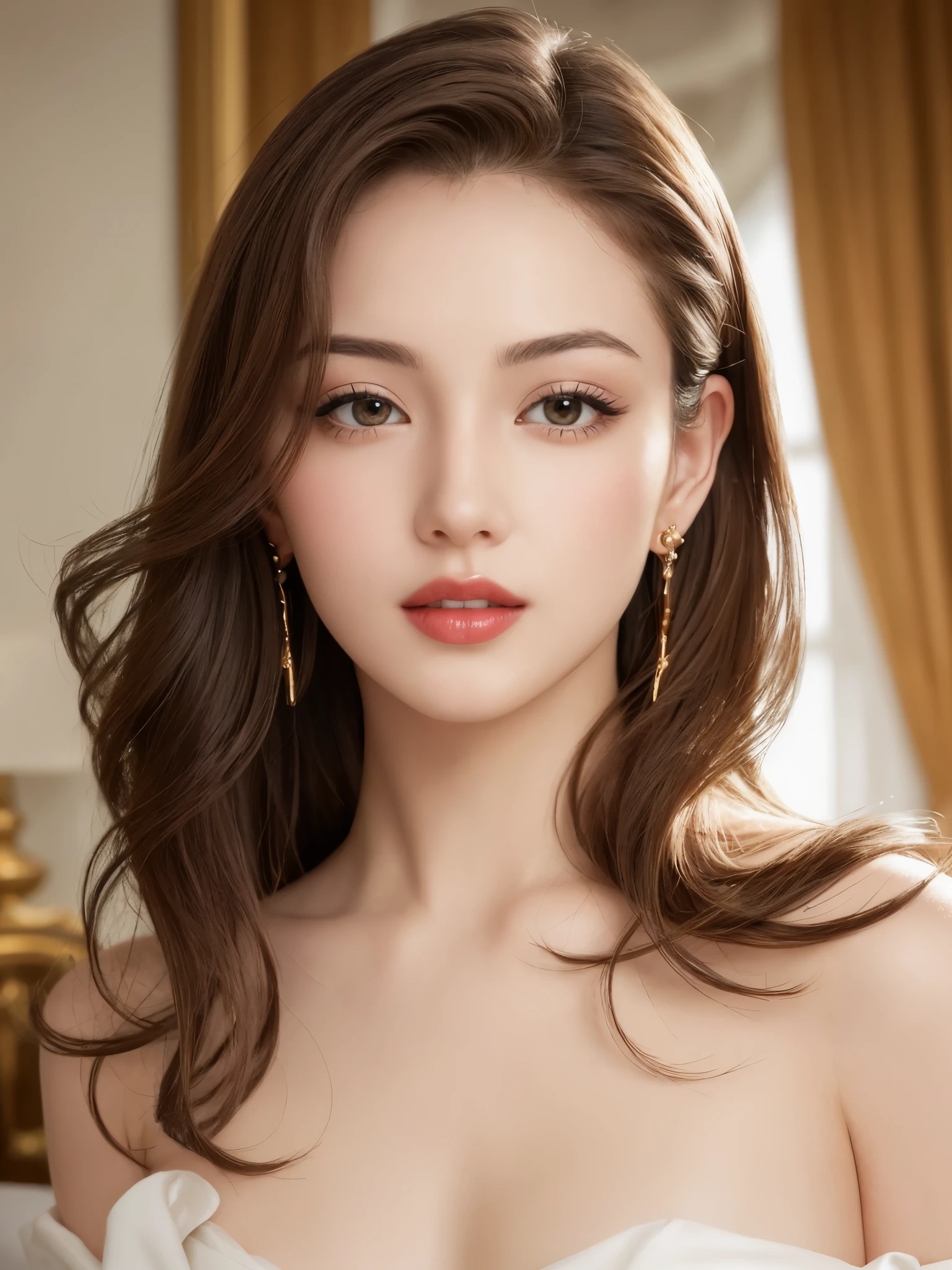 Beautiful black and brown medium hair realistic girl、16 year old girl、complete nudity、very sexy and realistic photos、from the chest up、Angle that emphasizes the face、Focus on the face、Ethereal beauty, Shiny beautiful hair、waves of long hair cascade down her shoulders, ((detailed face:1.2)), ((detailed faceの特徴)), delicate skin、Reflectors that add depth to her attractive features, Photographed with Canon EOS R5, 50MM lens, f/1.8, High resolution, (8K) (wallpaper) 、shadowless lighting、studio lighting、soft light, ((david hamilton style)), Bedroom in a luxury hotel in Rome、Dark night bedroom、Dark, warm, subdued indoor lighting、classic luxury decoration、big bed、big pillow、16 year old adult Japanese female、translucent white skin、very white skin、clean skin without blemishes、Very big face、Silky delicate hair、Gorgeous wavy hair like an actress、thin eyebrows、long eyelashes、Horizontal and very beautiful brown eyes、highlight on eyes、Clear double eyelids、sexy dark eyeshadow、slightly big mouth、Very red lips、Sexy lips with slightly open mouth、Very sexy expression with a slight smile、the most beautiful face、Marilyn Monroe in Japan、Eyes half closed、 body type、thin and long neck、small sagging breasts、small nipples、large and luxurious gold necklace、Big gold earrings in the ears、Realistic anatomically correct body、very close up of the face、from the chest upの肖像写真、from the front、from a little below、