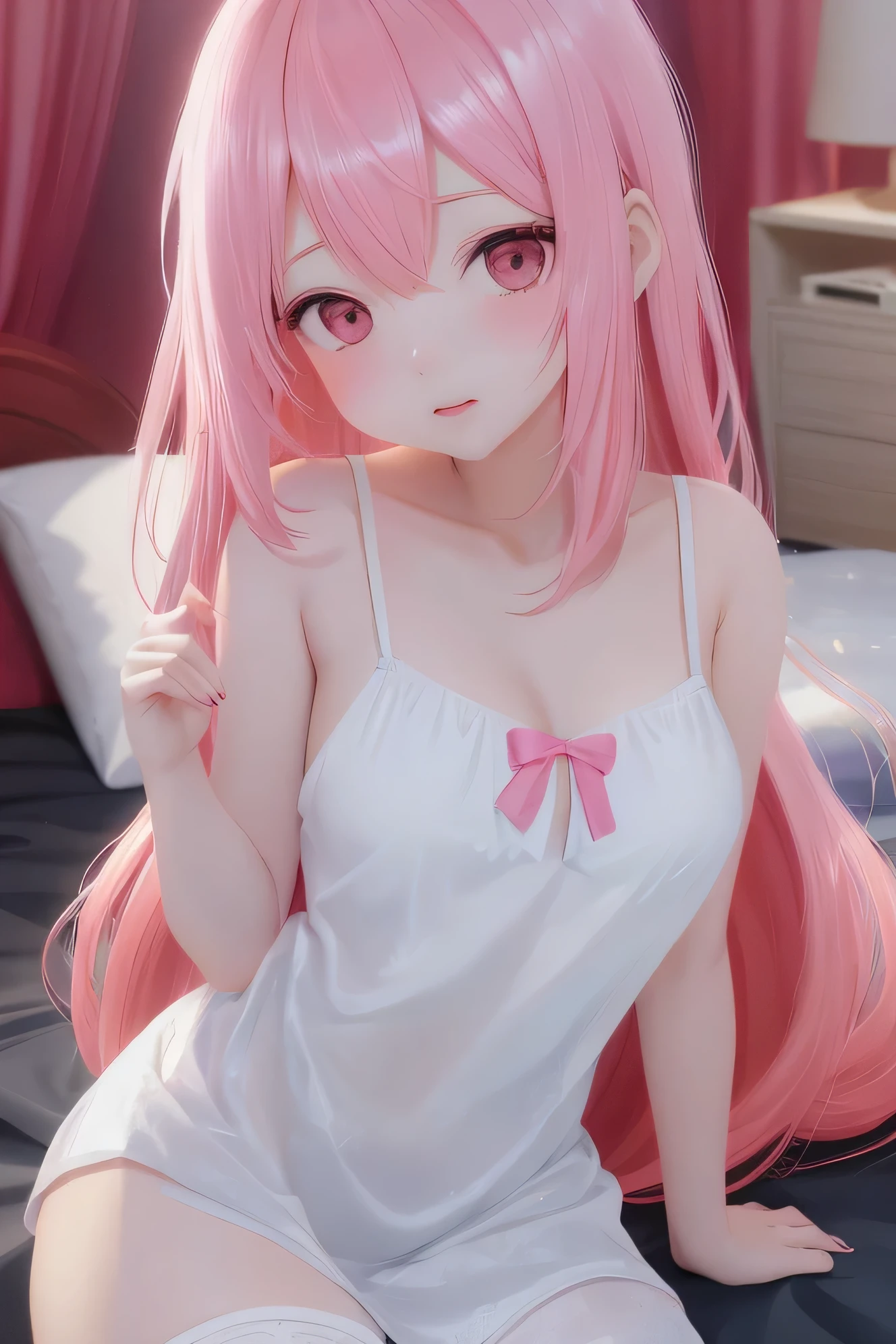 anime girl in a white dress sitting on a bed with a pink hair, seductive anime girl, Anime visual of a cute girl,  wear clothes, (anime girl), Cute anime waifu wearing nice clothes, cute anime girl, Anime cute art style, pretty anime girl, young anime girl, Smooth anime CG art, anime girl with long hair, beautiful anime girl
