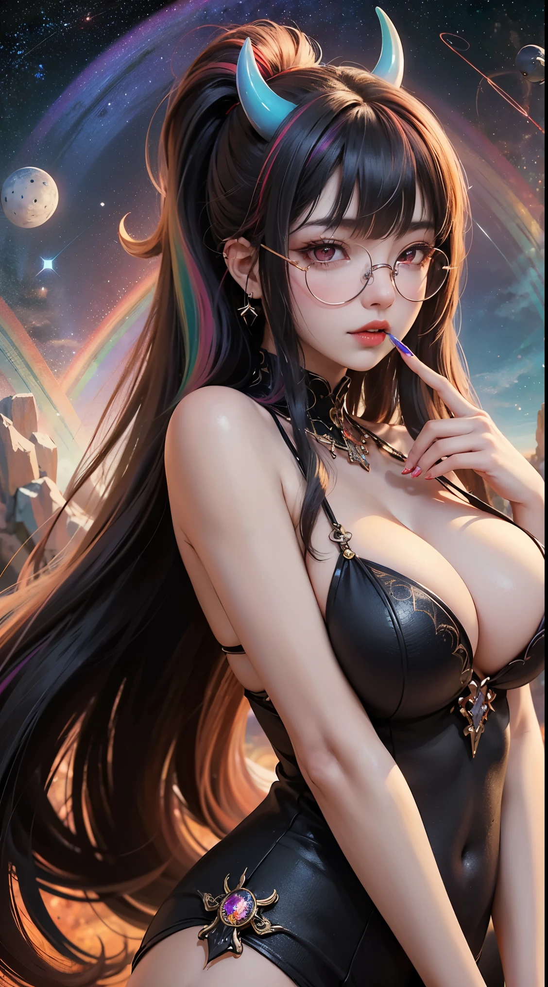 1名 27歳 woman, Understood、(best illustrations)、8k UHD resolution、intricate details、最high quality、realistic、Super detailed、best lighting、best shadow、soft lighting、ultra hd、dungeon and Dragon、cave、dungeon、 necromancer、night、dark style、Succubus、devil&#39;Daughter of、bat wings，(((demon hornラック縁round glasses))))、(((big breasts)))、(devil&#39;tail)、(red eyes shine:1.6)、masterpiece、beautiful features、Tyndall effect、realisticphotograph、(high detail skin:1.2)、8KUHD、Digital single-lens reflex camera、high quality、photograph、High resolution、 absurd、Ponytail distortion、Optimal ratio of 4 fingers and 1 thumb、1 girl、hair ornaments、真っ赤に輝くgemのネックレス、gem、beautiful expression、body up、big breasts emphasis、tight waist、wide ass、Tyndall effect、Photoreal、(high detail skin:1.2)、dark and mysterious version, lipstick red lips, thin and beautiful lips, Don&#39;Don&#39;Don&#39;Don&#39;don&#39;t laugh, please keep your mouth shut, Characters created by Karol Baku and Pino Denis, intricate details, detailed background, very detailed, magic of light, woman, cute face, ((((giant glasses, otaku glasses, thick glasses, round glasses))))、, (((demon horn))))、(((bat wings))))、 looking at the Upper body of the goddess , round chest, big and round chest, phoenix hair brooch, long hair with bangs, (Long hair has seven colors like a rainbow:1.9), Beautifully detailed face and well-proportioned eyes, (Crystal clear red eyes: 1.8), Big round eyes and very beautiful and detailed makeup, Visionary, long silk nightgowns, mysterious makeup, ブresponseレット, I dyed the side bangs light yellow....., Upper body, (goddess Upper body: 1.8), hanging arms, リアルで鮮やかなphotograph, (stars that make up : 1.7), ( Space-time portal of sky and imagination: 1.8), fiction art, RAWphotograph,黒い着物のphotograph, 最高のphotograph , expensive_response, 最high quality, 最高のphotograph, 8K quality, 8k ultra , surrealism, 最も経済的な本物のphotograph, Artistic portrait of 12 signs, Symbol of one of the 12 signs on the reverse side, 12 Portrait of the Goddess, 最もrealistic配色, 最高のphotograph color, masterpiece, hair ornaments, ネックresponse, jewelry, beautiful face, Upper body, Tyndall effect, photographのようにリアルな, Dark studio, border light, two tone light, (fine skin) expensive: 1.2), 8k UHD, Digital single-lens reflex camera, soft light, expensive quality, volume light, Frank, photograph, expensive responseolution, 4K quality, 8k, Bokeh, smooth and sharp, 10x more pixels, Charming goddess, sexy goddess, (background space: 1.8), (milky way: 1.7), aurora, lightning, (auroraの背景: 1.8) <roller:crazy_perfect eyes_v1_from_v1_, beautiful goddess and flowers, (((demon horn))))、(((bat wings))))、