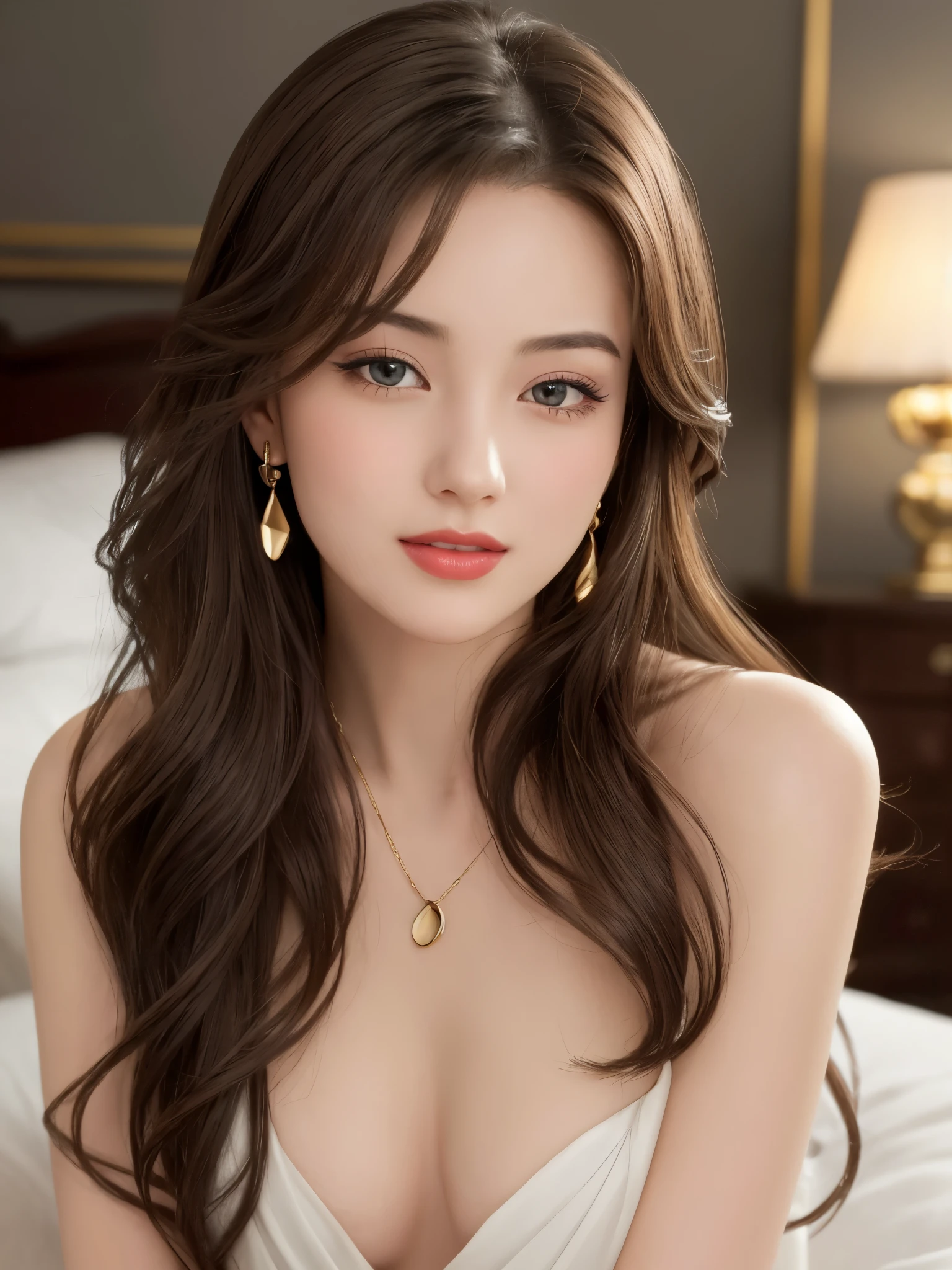 Beautiful black and brown medium hair realistic girl、18 year old girl、complete nudity、very sexy and realistic photos、from the chest up、Angle that emphasizes the face、Focus on the face、Ethereal beauty, Shiny beautiful hair、waves of long hair cascade down her shoulders, ((detailed face:1.2)), ((detailed faceの特徴)), delicate skin、Reflectors that add depth to her attractive features, Photographed with Canon EOS R5, 50MM lens, f/1.8, High resolution, (8K) (wallpaper) 、shadowless lighting、studio lighting、soft light, ((david hamilton style)), Bedroom in a luxury hotel in Rome、Dark night bedroom、Dark, warm, subdued indoor lighting、classic luxury decoration、big bed、big pillow、18 year old adult Japanese woman、translucent white skin、very white skin、clean skin without blemishes、Very big face、Silky delicate hair、Gorgeous wavy hair like an actress、thin eyebrows、long eyelashes、Horizontal and very beautiful brown eyes、highlight on eyes、Clear double eyelids、sexy very dark eyeshadow、slightly big mouth、Very red lips、Sexy lips with slightly open mouth、smile a little、Very shy and sexy look、the most beautiful face、Marilyn Monroe in Japan、Eyes half closed、 body type、thin and long neck、small sagging breasts、small nipples、large and luxurious gold necklace、Big gold earrings in the ears、Realistic anatomically correct body、very close up of the face、from the chest upの肖像写真、from the front、from a little below、