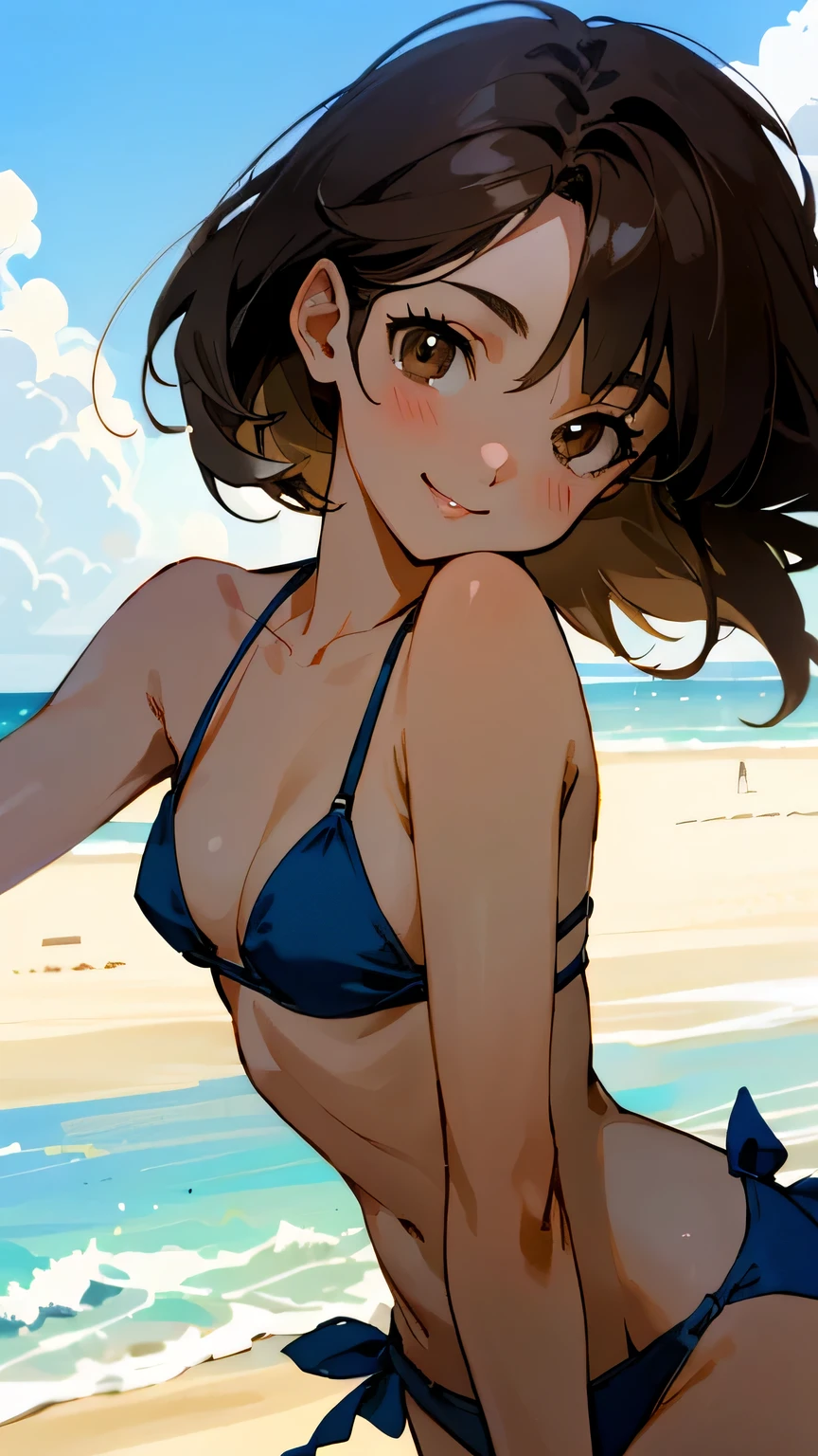 (Best quality, dynamic lighting, highly detailed) Brown haired young woman, mature, friendly smile, beautiful, bob hair, brown eyes, slim, small to medium breasts, bikini, beach, blue sky.