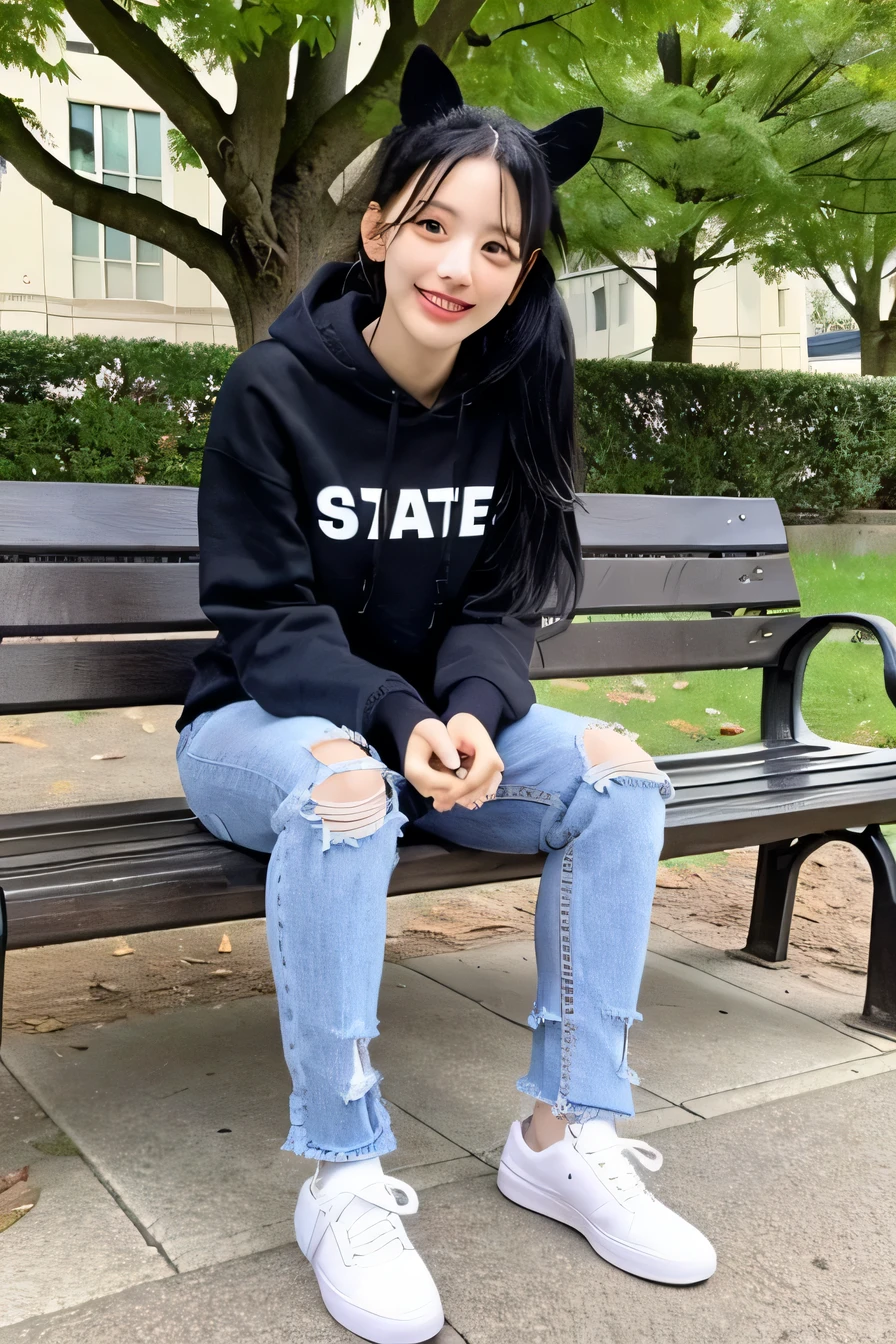 A neat and beautiful woman sitting on a park bench、black hair、hoodie、ear piercing、skinny denim、sneakers、wear socks、smile。、beautiful teeth、full body photo、
