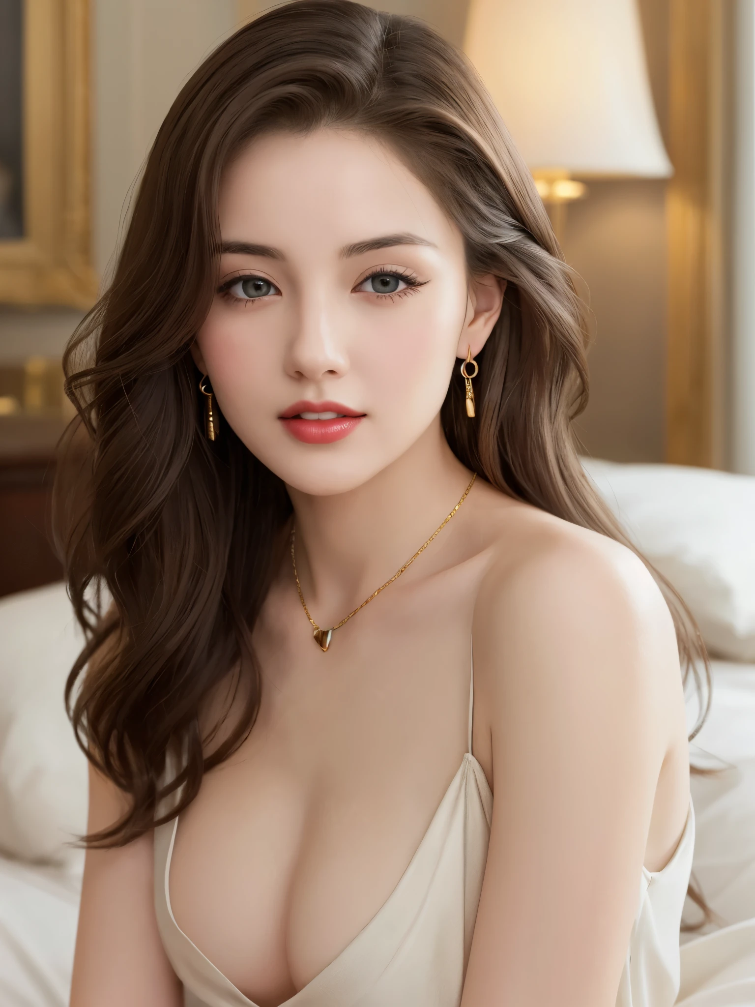 Beautiful black and brown medium hair realistic girl、18 year old girl、complete nudity、very sexy and realistic photos、from the chest up、Angle that emphasizes the face、Focus on the face、Ethereal beauty, Shiny beautiful hair、waves of long hair cascade down her shoulders, ((detailed face:1.2)), ((detailed faceの特徴)), delicate skin、Reflectors that add depth to her attractive features, Photographed with Canon EOS R5, 50MM lens, f/1.8, High resolution, (8K) (wallpaper) 、shadowless lighting、studio lighting、soft light, ((david hamilton style)), Bedroom in a luxury hotel in Rome、Dark night bedroom、Dark, warm, subdued indoor lighting、classic luxury decoration、big bed、big pillow、18 year old adult Japanese woman、translucent white skin、very white skin、clean skin without blemishes、Very big face、Silky delicate hair、Gorgeous wavy hair like an actress、thin eyebrows、long eyelashes、Horizontal and very beautiful brown eyes、highlight on eyes、Clear double eyelids、sexy very dark eyeshadow、slightly big mouth、Very red lips、Sexy lips with slightly open mouth、smile a little、Very shy and sexy look、the most beautiful face、Marilyn Monroe in Japan、Eyes half closed、 body type、thin and long neck、exposing breasts、small sagging breasts、small nipples、large and luxurious gold necklace、Big gold earrings in the ears、Realistic anatomically correct body、very close up of the face、exposing breasts、from the chest upの肖像写真、from the front、from a little below、