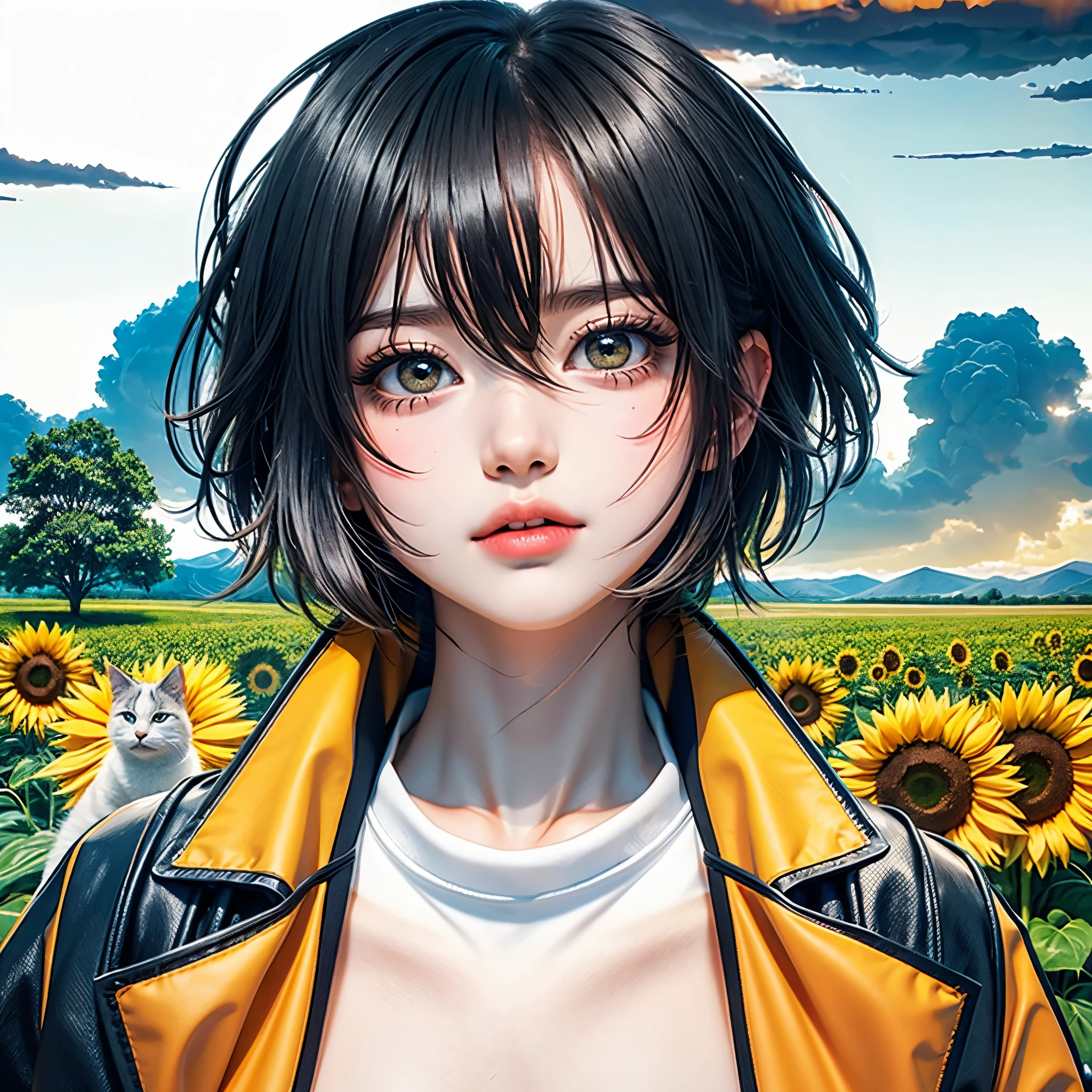 a girl, adolescente, com olhos amarelos, cabelos brancos, pele clara, corte nos ombros, vestindo um sobretudo amarelo, camisa preta sem estampa toda camisa preta, black pants without print, Shoulder straps all black, in the background a beautiful field of sunflowers , blue skies, um gato preto, estilo de capa de quadrinhos