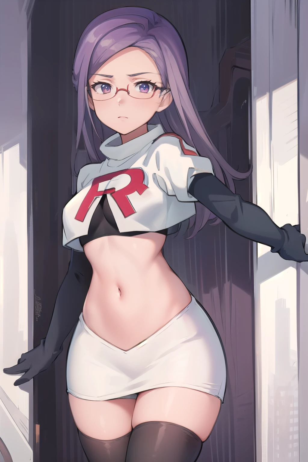 best quality, (masterpiece:1.2), illustration, absurdres, anime,
(1girl, solo), (beautiful detailed girl),
Ada Grant, purple hair, long hair, medium breasts,
glasses, team rocket,team rocket uniform, red letter R, white skirt,white crop top,black thigh-highs,black elbow gloves
 (looking at viewer)