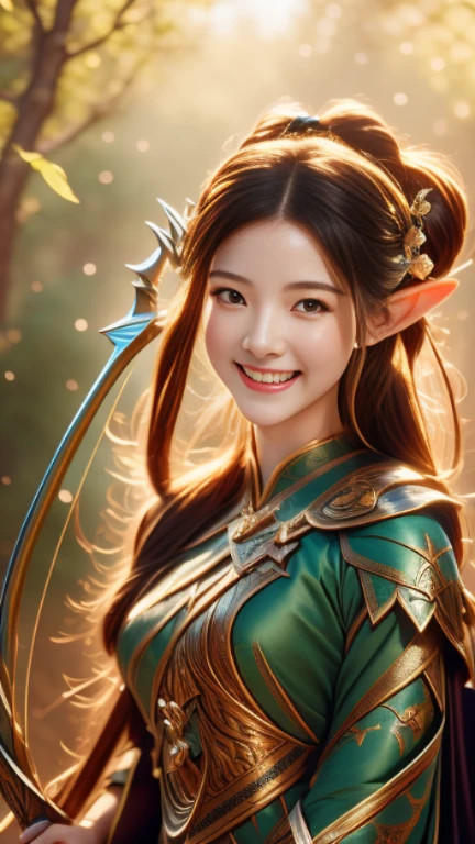 Close-up of a woman with a bow and arrow, Charming elf princess knight, beautiful figure painting, extremely detailed type germ, type germ and ruan jia, fantasy art style, type germ lau, type germ. high detail, ruan jia and type germ, Most models | type germ, Elf character with a silly smile