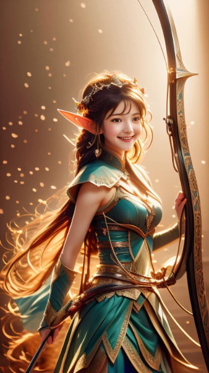 Close-up of a woman with a bow and arrow, Charming elf princess knight, beautiful figure painting, extremely detailed type germ, type germ and ruan jia, fantasy art style, type germ lau, type germ. high detail, ruan jia and type germ, Most models | type germ, Elf character with a silly smile