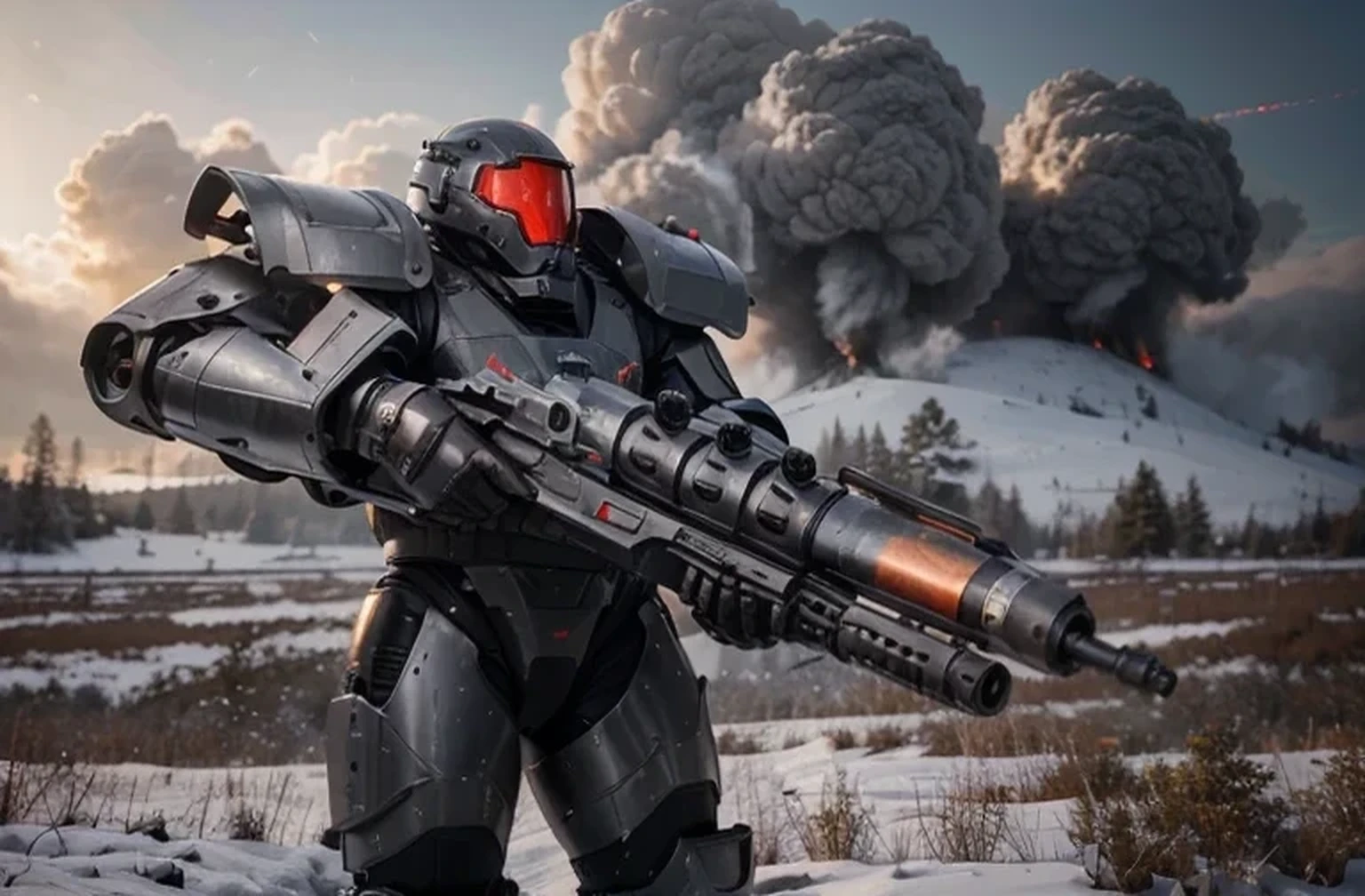 soldier in a heavy robotic suit, red and gray metal suit, red metal shoulder pads, gray dome-shaped metal helmet, carries a heavy laser cannon, outside a Russian forest, a lot of fire, explosions, smoke, snowy forest, realistic , 4k, Ultra detailed image, realistic, Highly detailed, perfect composition, gorgeous, Intricately detailed, incredibly detailed, Art photography 8K, hyper detailed, Masterpiece, Ultra detailed, hyper realistic, 4k, Ultra detailed image, realistic, Highly detailed, perfect composition, beautiful, intricately detailed, incredibly detailed, art photography 8k, hyper detailed, masterpiece