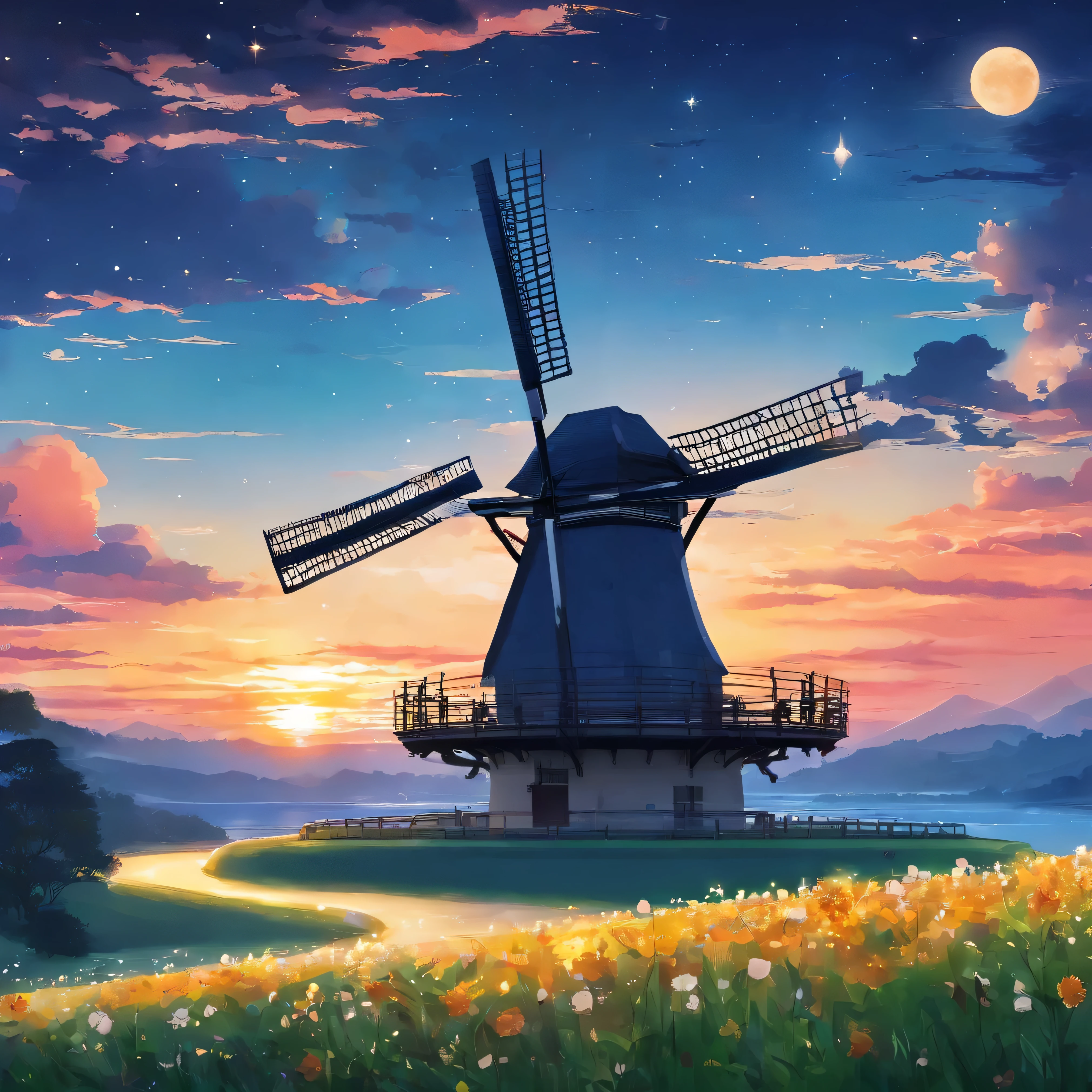(Best quality,8k,High accuracy,Masterpiece:1.2),Very detailed,(real,photoreal,photo-real:1.37),sunset,Windmill,romantic,beautiful sky,Sparkling stars