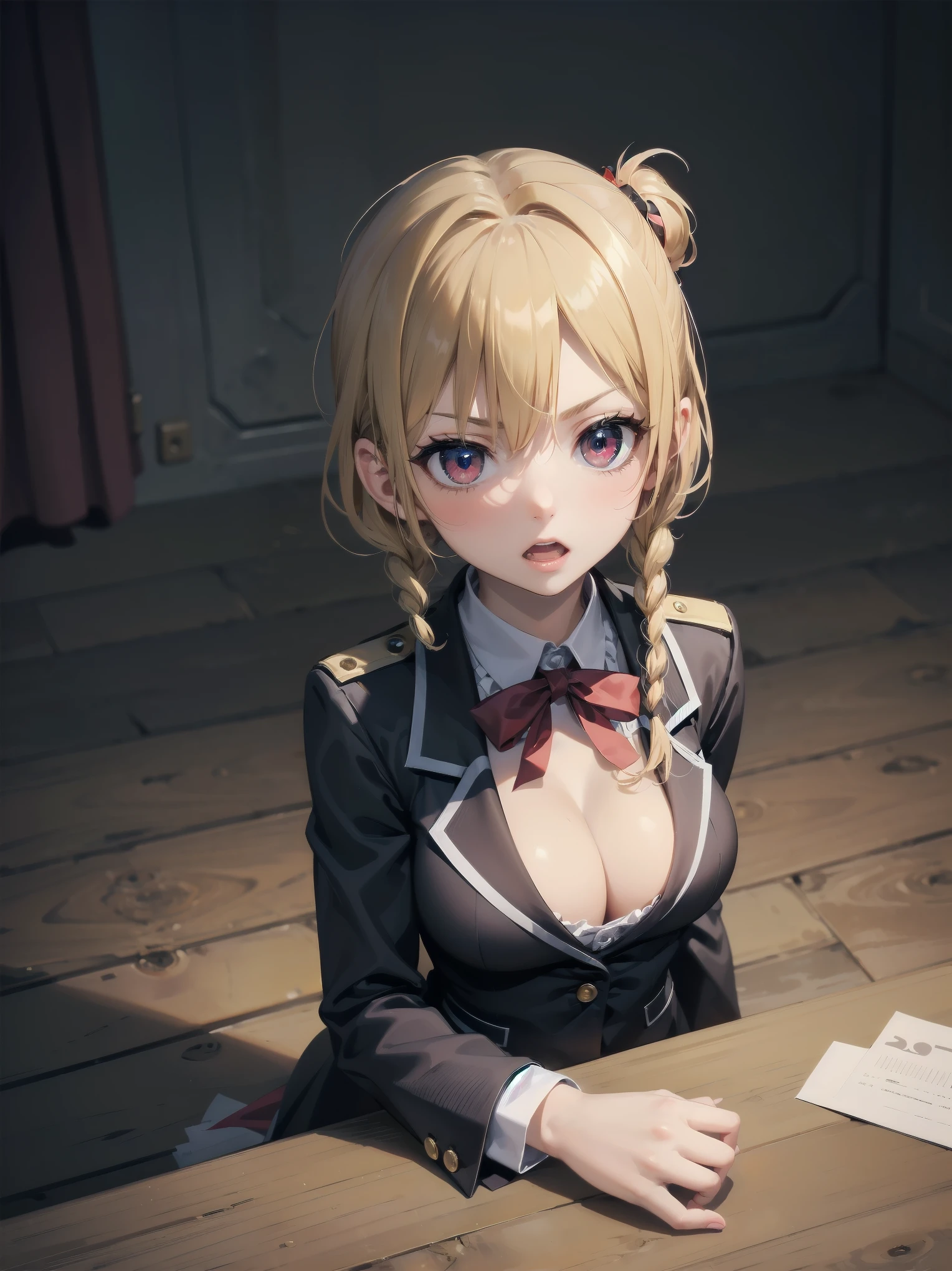 (Masterpiece: 1. 2), (Top quality: 1. 2), Perfect eyes, Perfect face, Perfect lighting, Mountain horizon, Superb girl like beauty, Blonde hair, Upper body, Cleavage, Red eyes, Braids, Side ponytail, Bangs, Bobbed hair, Poofy hair, Cute eyes, Great bust, (from below), Raw description, Ecstasy, Despair and fear, Bitch virgin, Fornication, Angry, Sideways, Bewitching, Cute design branded blazer uniform, Cute ornaments, Sitting, Arms crossed, (from above: 1.2)