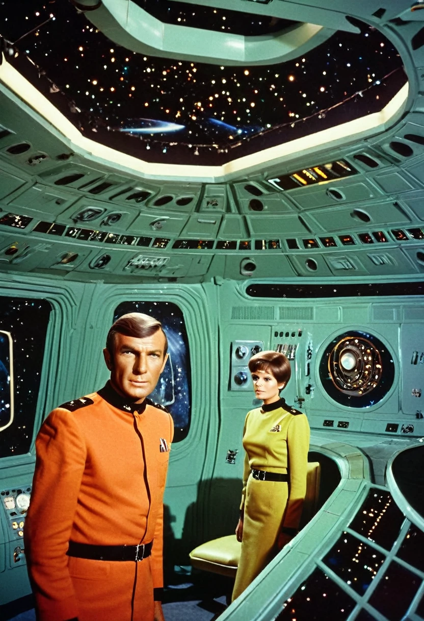 (((INNER IMAGE of a Large vast immense spaceship))) Large vast immense Interior image of an old starship from a 1960s TV series, ((((sober colors, serious colors)))), lost in space, republic series, Irwin Allen TV show, science fiction, colorful Star style uniforms Trek and lost in space, retro look, Vintage, old style, perfect faces like actors from the 1960s, ((perfect faces)), large sci-fi indoor set, ((perfect faces)), Crew, highlighted faces, alien , robot, science fiction, TV studio lighting , old style image, TV series style, (((indoors)))