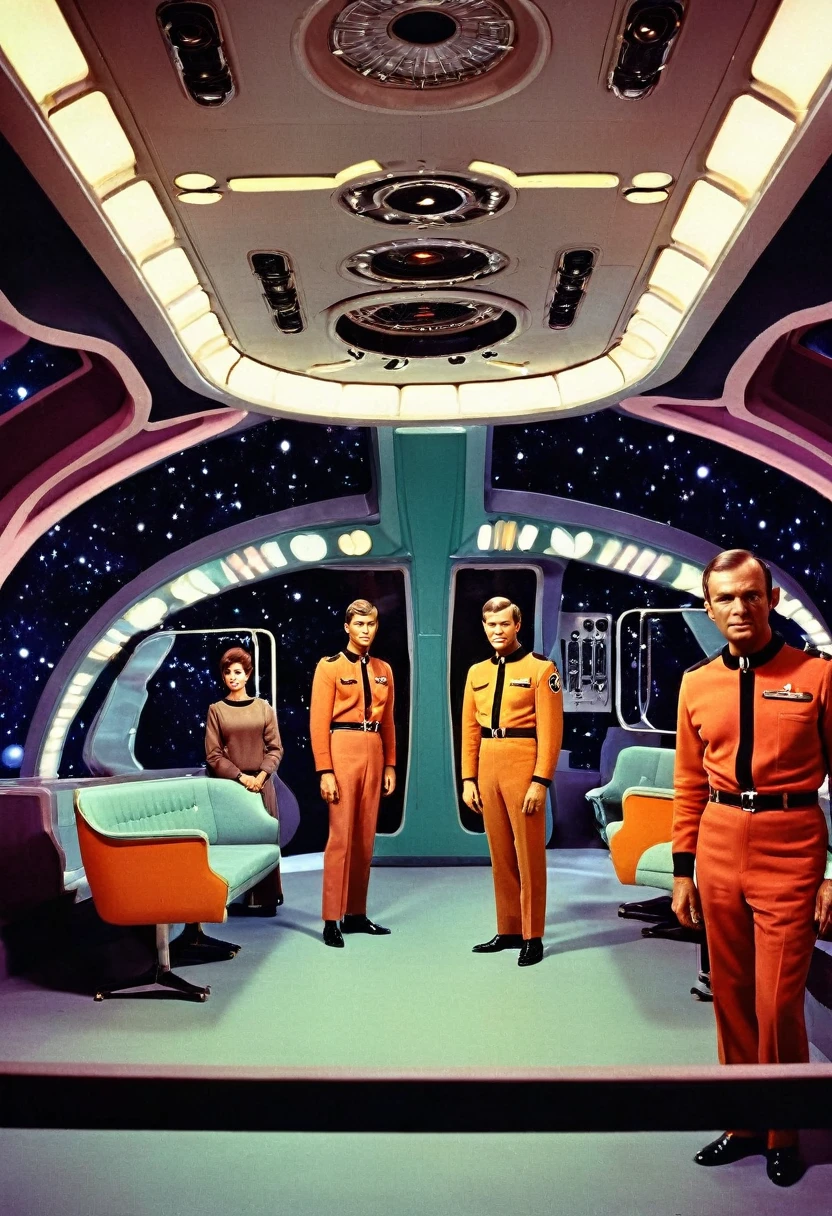 (((INNER IMAGE of a Large vast immense spaceship))) Large vast immense Interior image of an old starship from a 1960s TV series, ((((sober colors, serious colors)))), lost in space, republic series, Irwin Allen TV show, science fiction, colorful Star style uniforms Trek and lost in space, retro look, Vintage, old style, perfect faces like actors from the 1960s, ((perfect faces)), large sci-fi indoor set, ((perfect faces)), Crew, highlighted faces, alien , robot, science fiction, TV studio lighting , old style image, TV series style, (((indoors)))