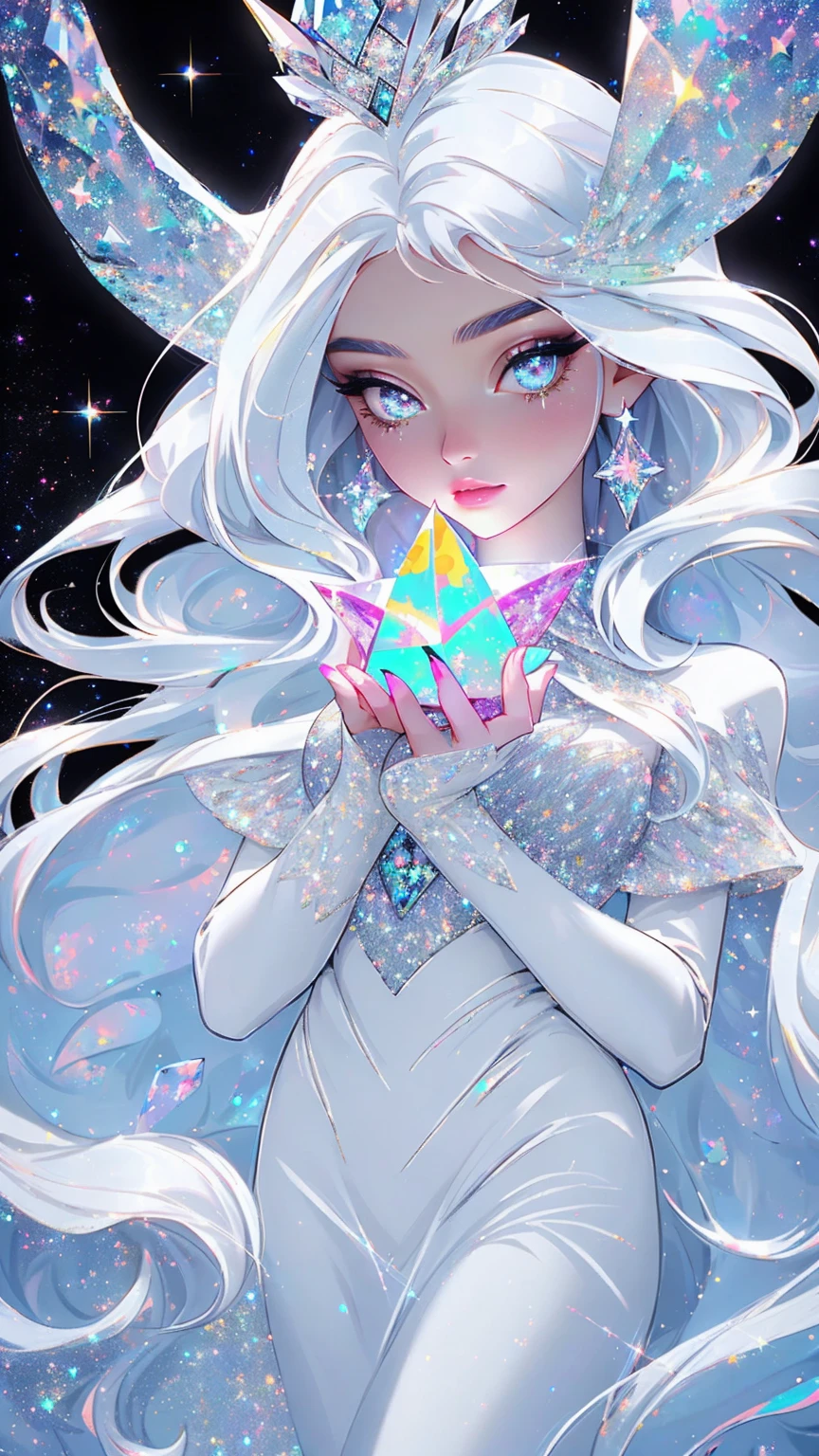 {-erro_de_anatomia:1.0} masterpiece, highest quality, (perfect face:1.1, (high detail)1.1, sweet stardust vampire , long soft white hair, opal eyes, perfectly drawn face, black dress, stars detailed background, prismatic lighting, glitter, whole bod., Very sexy, walking, holding a crystal star in her hands, 