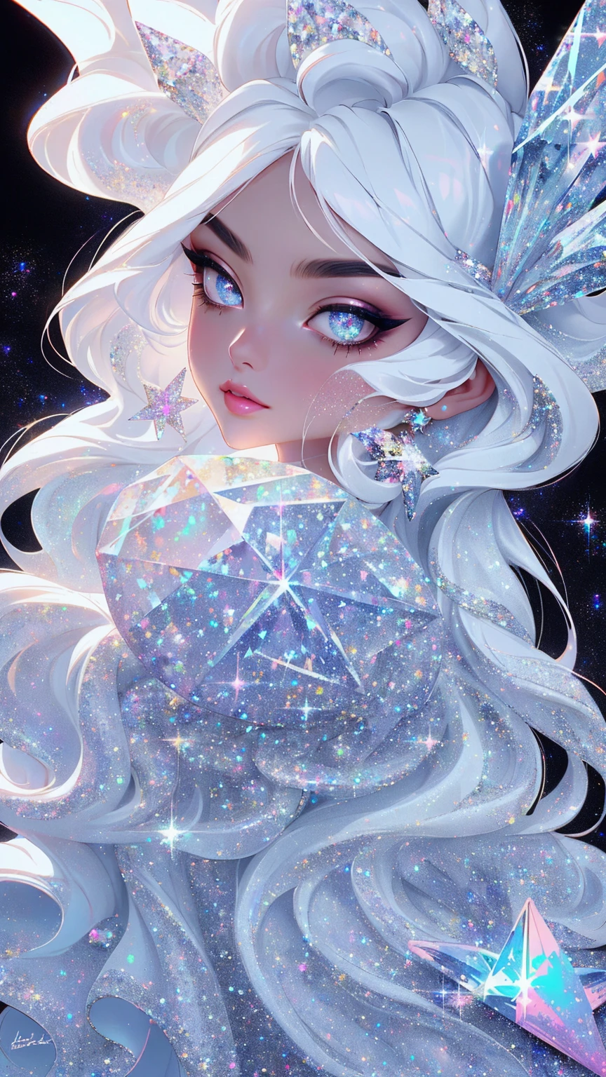 {-erro_de_anatomia:1.0} masterpiece, highest quality, (perfect face:1.1, (high detail)1.1, sweet stardust vampire , long soft white hair, opal eyes, perfectly drawn face, black dress, stars detailed background, prismatic lighting, glitter, whole bod., Very sexy, walking, holding a crystal star in her hands, 