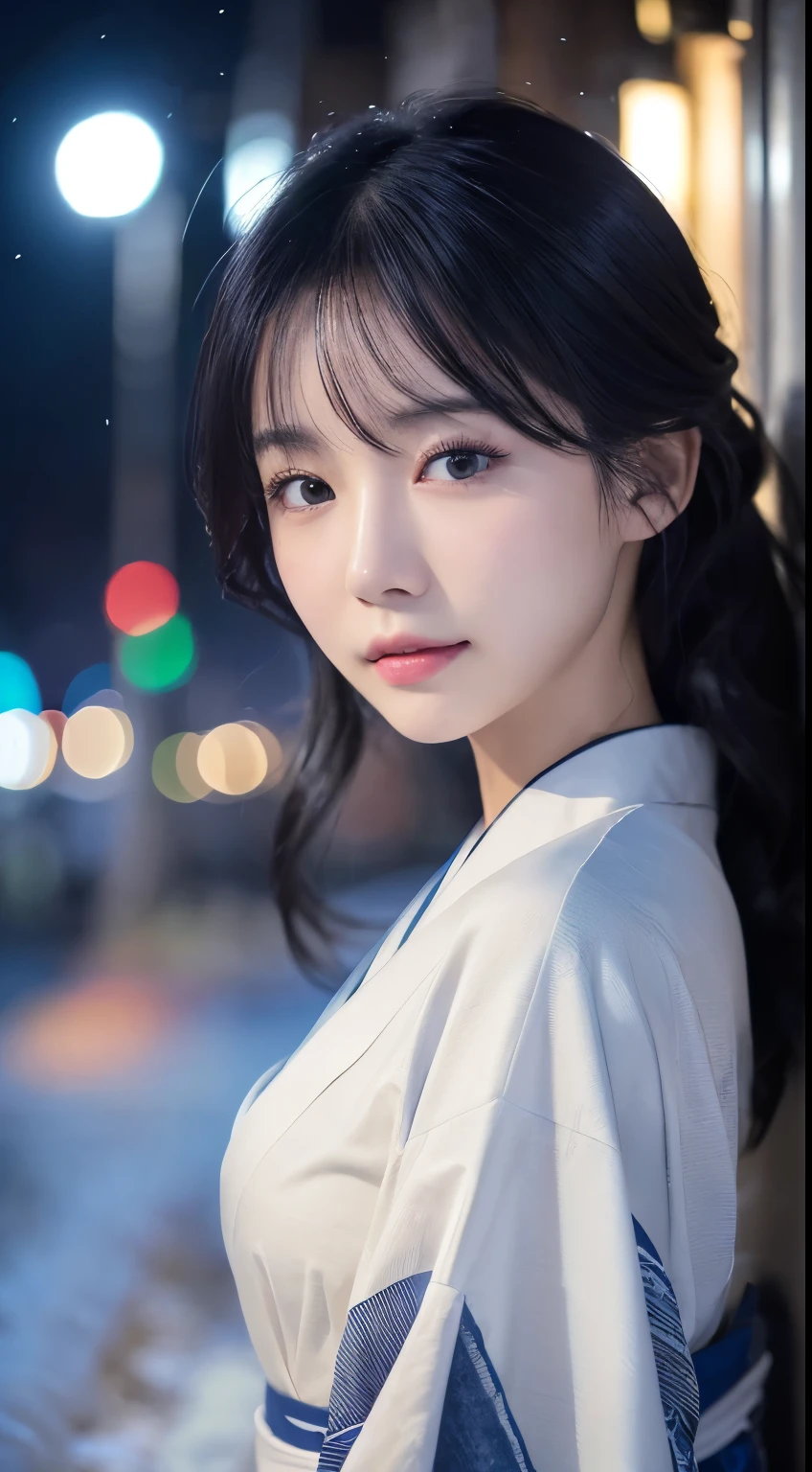 (kimono)、、(highest quality,masterpiece:1.3,超A high resolution,),(super detailed,caustics),(Photoreal:1.4,RAW shooting,)ultra-realistic capture,very detailed,High definition 16K for human skin、 Natural skin texture、、Skin looks even-toned and healthy、 Use natural light and color,one woman,Japanese,,cute,black haired,middle hair,(Depth of the bounds written、chromatic aberration、、wide range of lighting、natural shading、)、、(outdoor lights at night:1.3)、(falling snow:1.2)、(hair swaying in the wind:1.1)、(Snow reflects light:1.1)