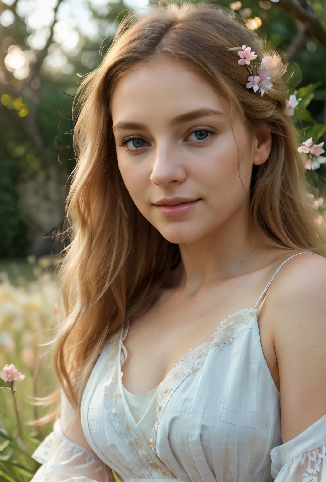 (high quality,4k,8k,highres,masterpiece:1.2),ultra-detailed,(realistic,photorealistic,photo-realistic:1.37),portrait,beautiful detailed face,flowing long blond hair,stunning blue eyes,rosy cheeks,full pink lips,perfectly arched eyebrows,natural makeup,curved lashes,delicate facial features,graceful feminine appearance,sunlit garden background,warm golden light,blooming flowers,vibrant colors,soft pastel tones,detailed clothing,ethereal white dress,flowing fabric,delicate lace trim,accentuated feminine curves,gentle breeze,radiant smile,confident posture,feminine charm,subtle elegance,vivid blue sky,whispering grass,serene atmosphere,fairy-like beauty,romantic ambiance