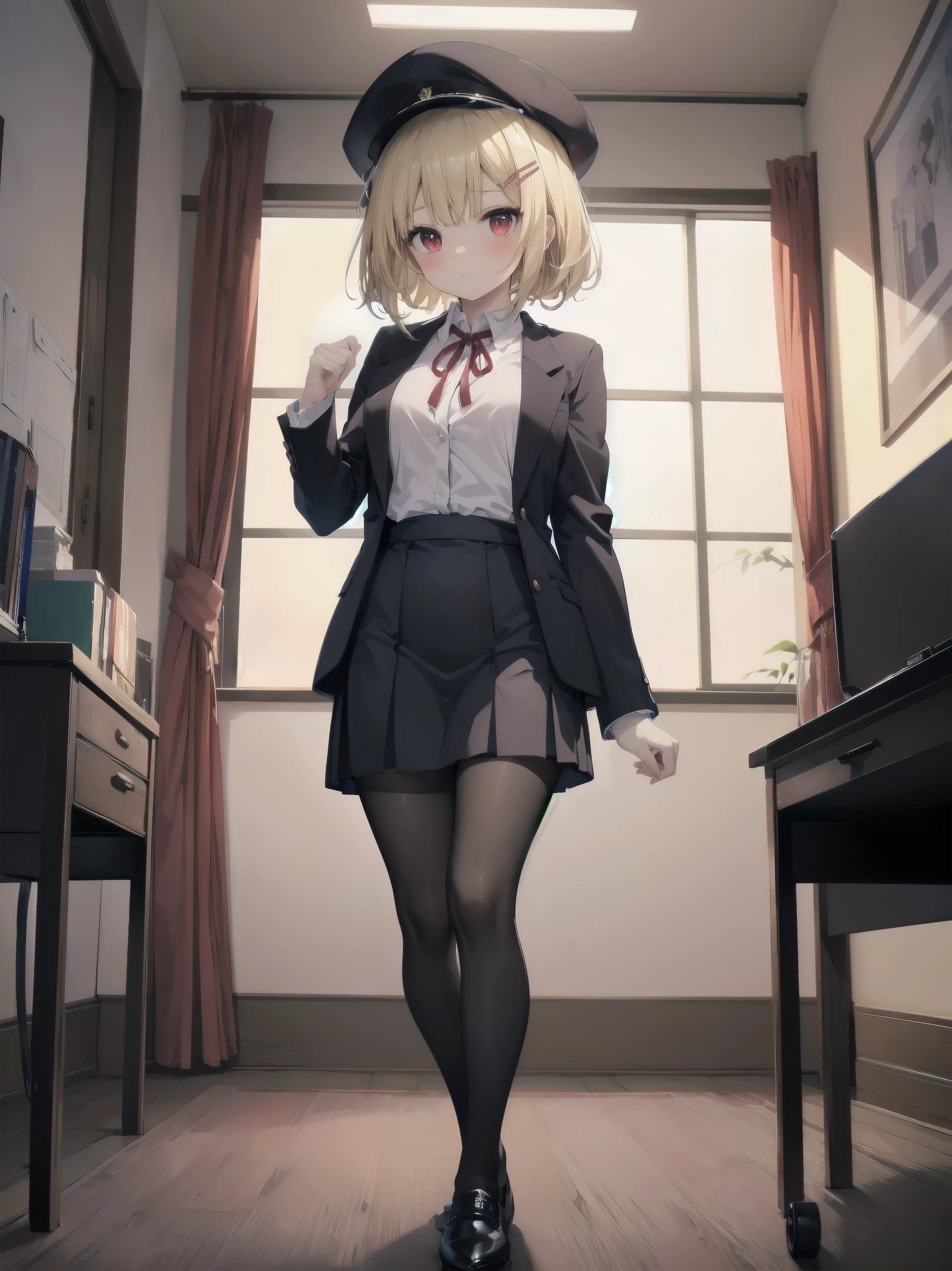 (Masterpiece: 1.2), (Best picture: 1.2), Anime girl, Solo, alone, Blonde hair, Hair clip on front right side, Bob cut, Red realistic and complex eyes, White female shirt, Brand grey blazer, Small red ribbon across chest, made of stylish and exclusive material and design, Pliss skirt with check pattern, Black tights, Fine tights, Full body, Big tits, Front view, One person, Mockingly super cute, absurdly cute