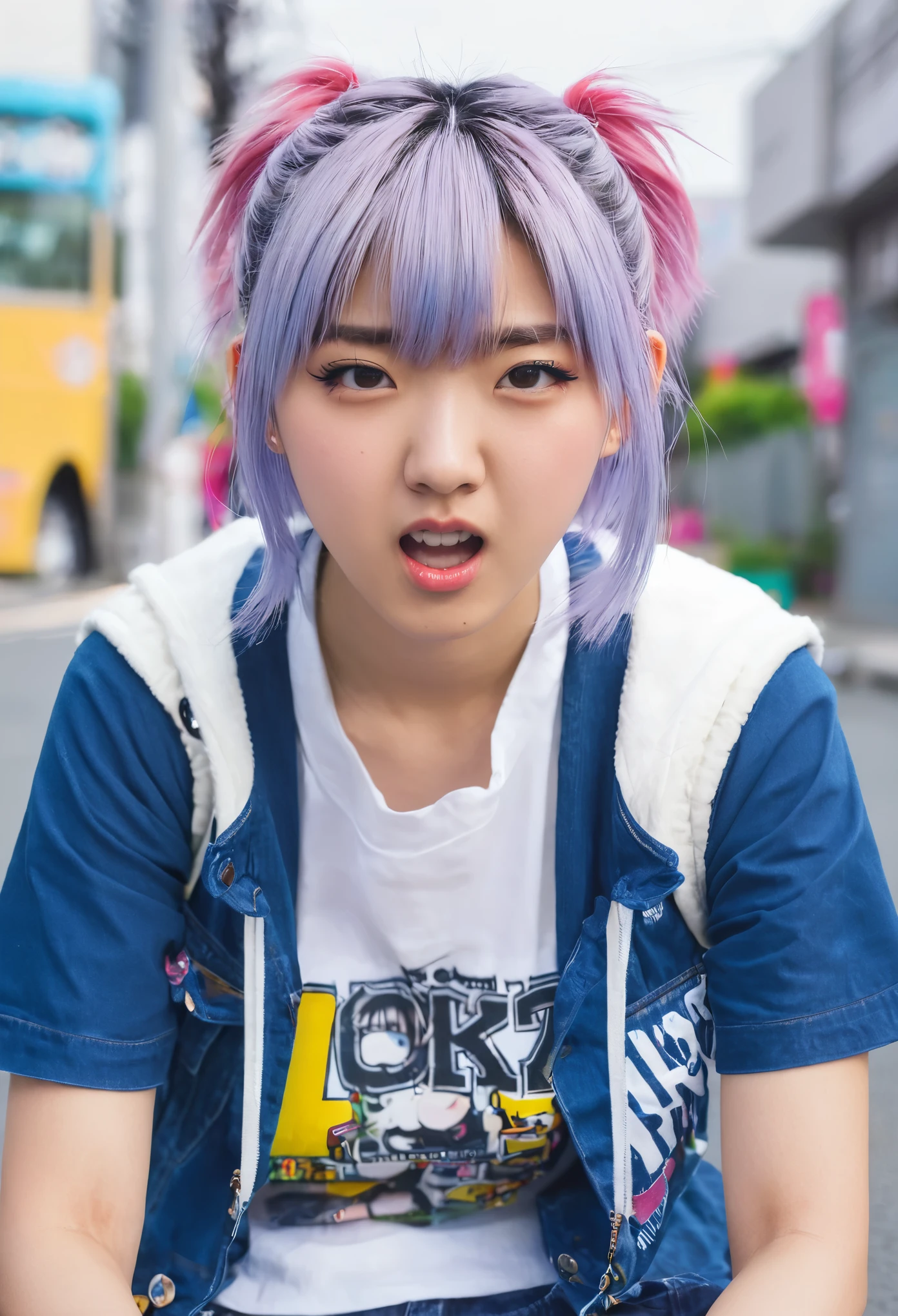 high school girl、Harajuku、sit、Get angry、casual、hort hair、looking at the camera