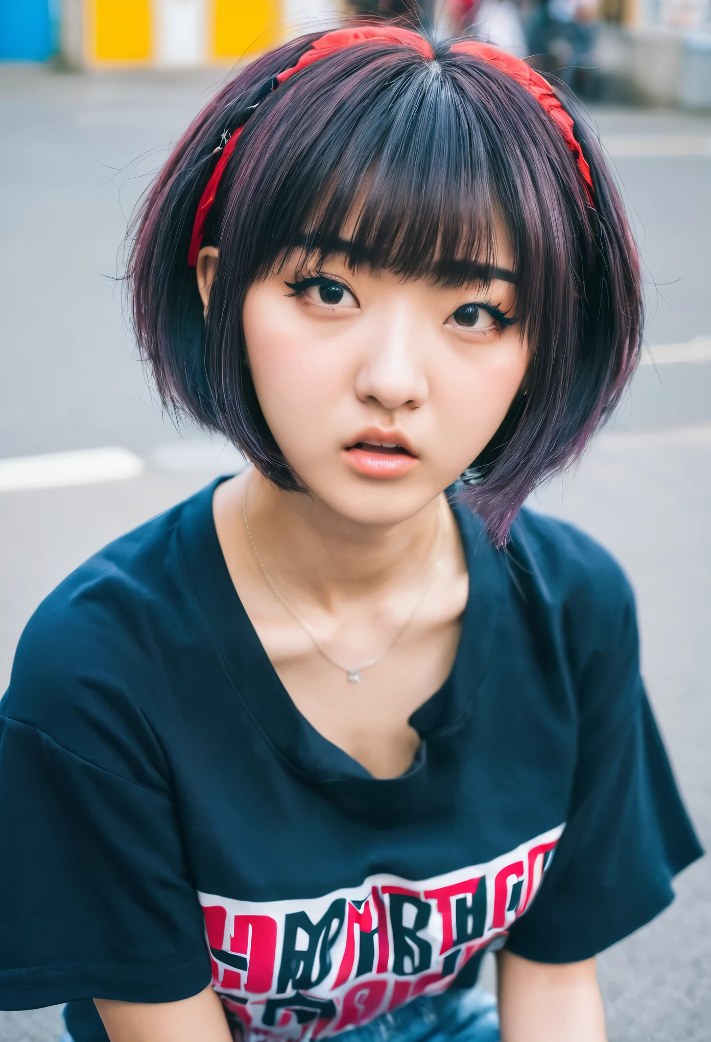 high school girl、Harajuku、sit、Get angry、casual、hort hair、looking at the camera