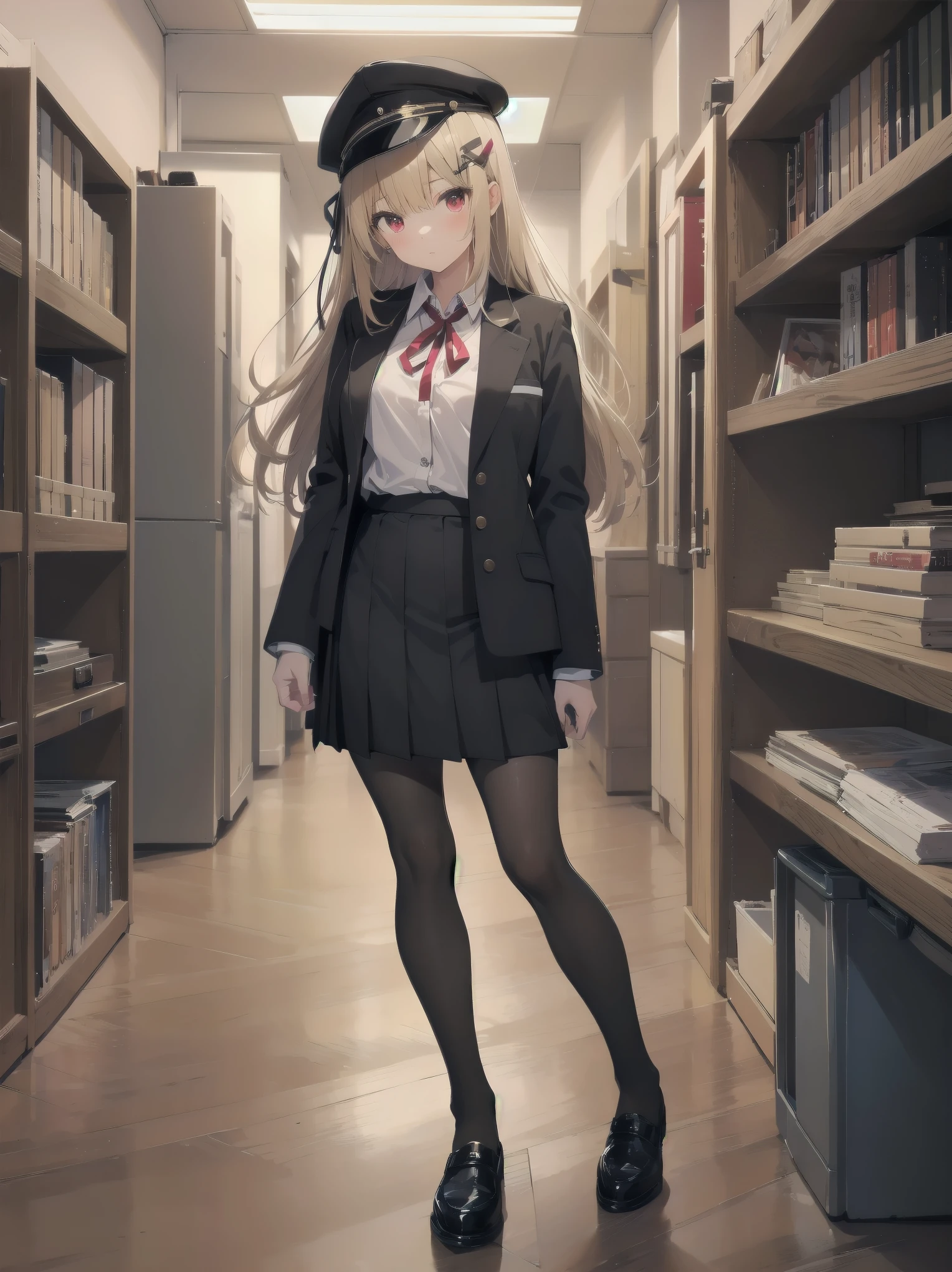 (Masterpiece: 1. 2), (Top quality: 1. 2), Anime girl, One, Blonde hair, Hair clip on right side of forelock, Black cap, Wine red eyes, White female shirt, Brand grey blazer, Small red ribbon across chest, Office clothes, One size larger shirt, Checked priss skirt, Black tights, tights with fine detail, full body, large breasts, front view, alone, bruised and super cute