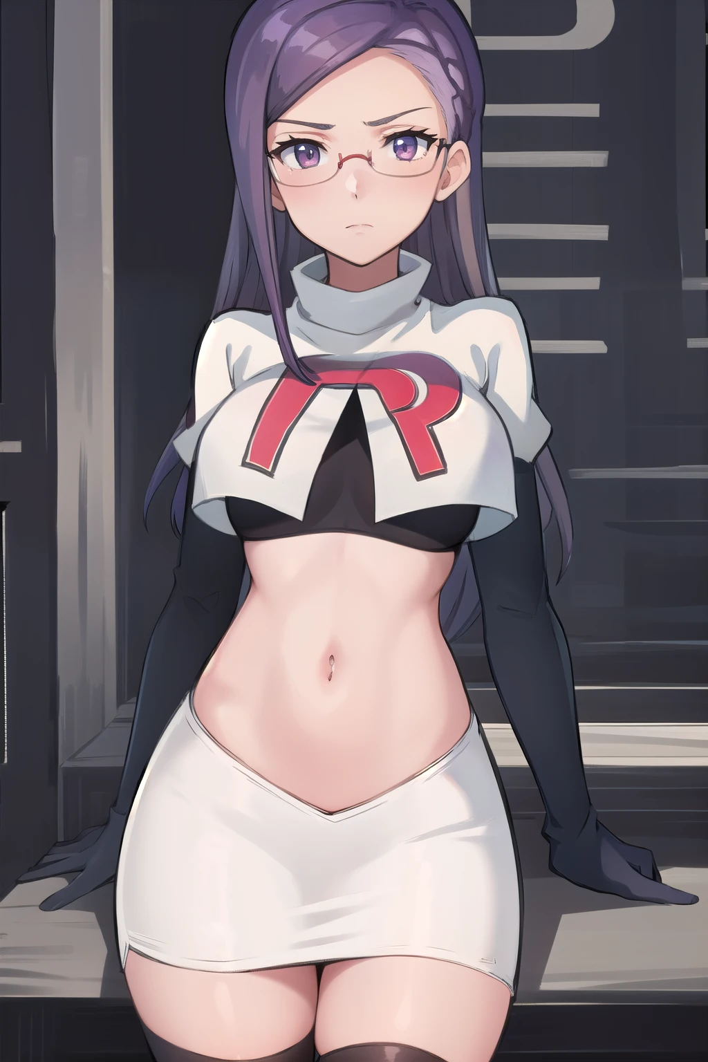 best quality, (masterpiece:1.2), illustration, absurdres, anime,
(1girl, solo), (beautiful detailed girl),
Ada Grant, purple hair, long hair, medium breasts,
glasses, team rocket,team rocket uniform, red letter R, white skirt,white crop top,black thigh-highs,black elbow gloves
 (looking at viewer)