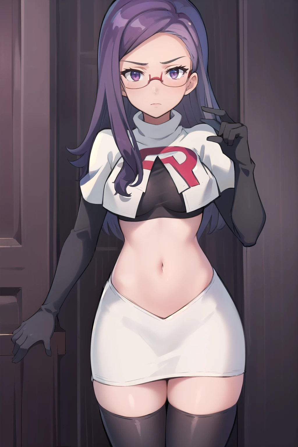 best quality, (masterpiece:1.2), illustration, absurdres, anime,
(1girl, solo), (beautiful detailed girl),
Ada Grant, purple hair, long hair, medium breasts,
glasses, team rocket,team rocket uniform, red letter R, white skirt,white crop top,black thigh-highs,black elbow gloves
 (looking at viewer)