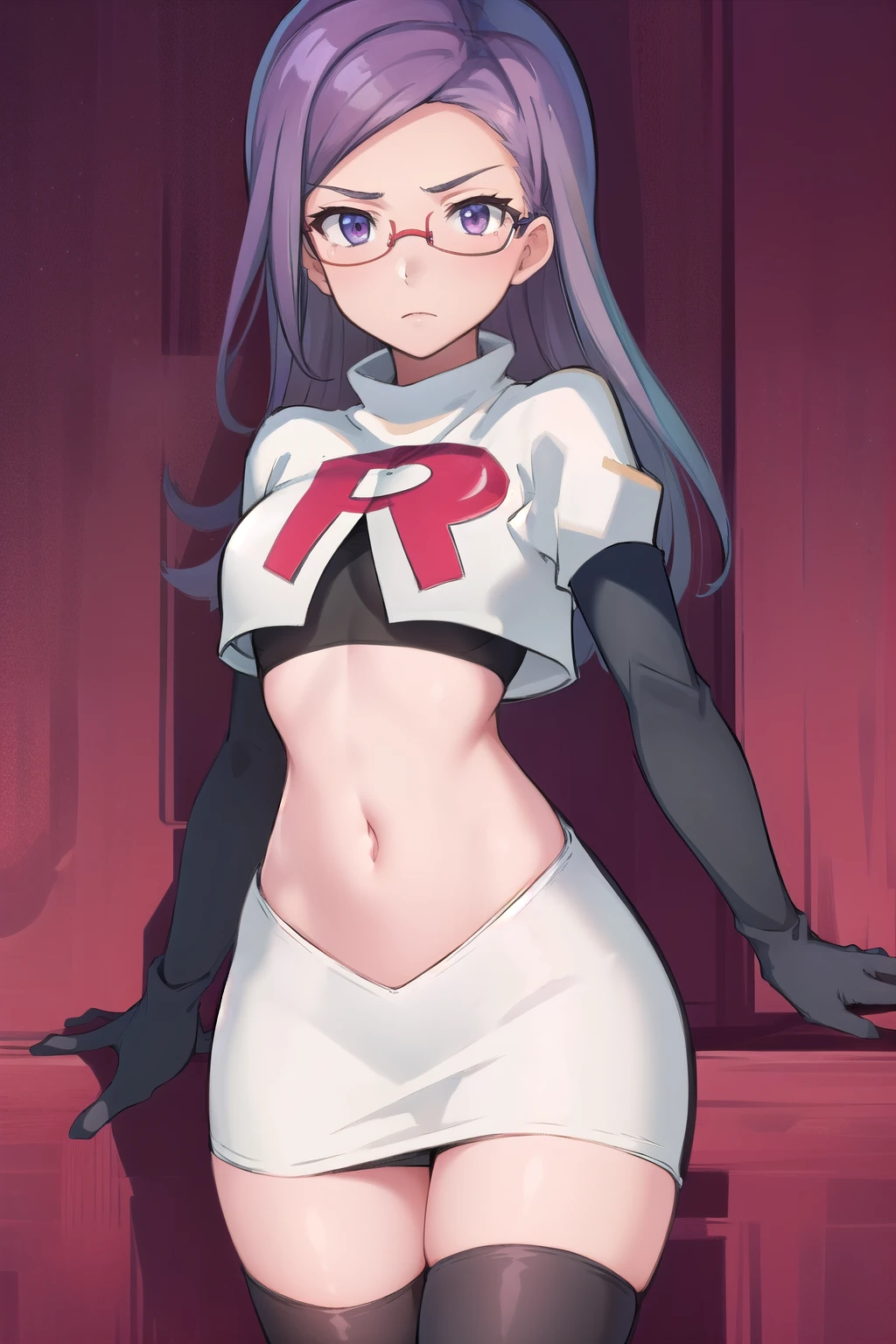 best quality, (masterpiece:1.2), illustration, absurdres, anime,
(1girl, solo), (beautiful detailed girl),
Ada Grant, purple hair, long hair, medium breasts,
glasses, team rocket,team rocket uniform, red letter R, white skirt,white crop top,black thigh-highs,black elbow gloves
 (looking at viewer)