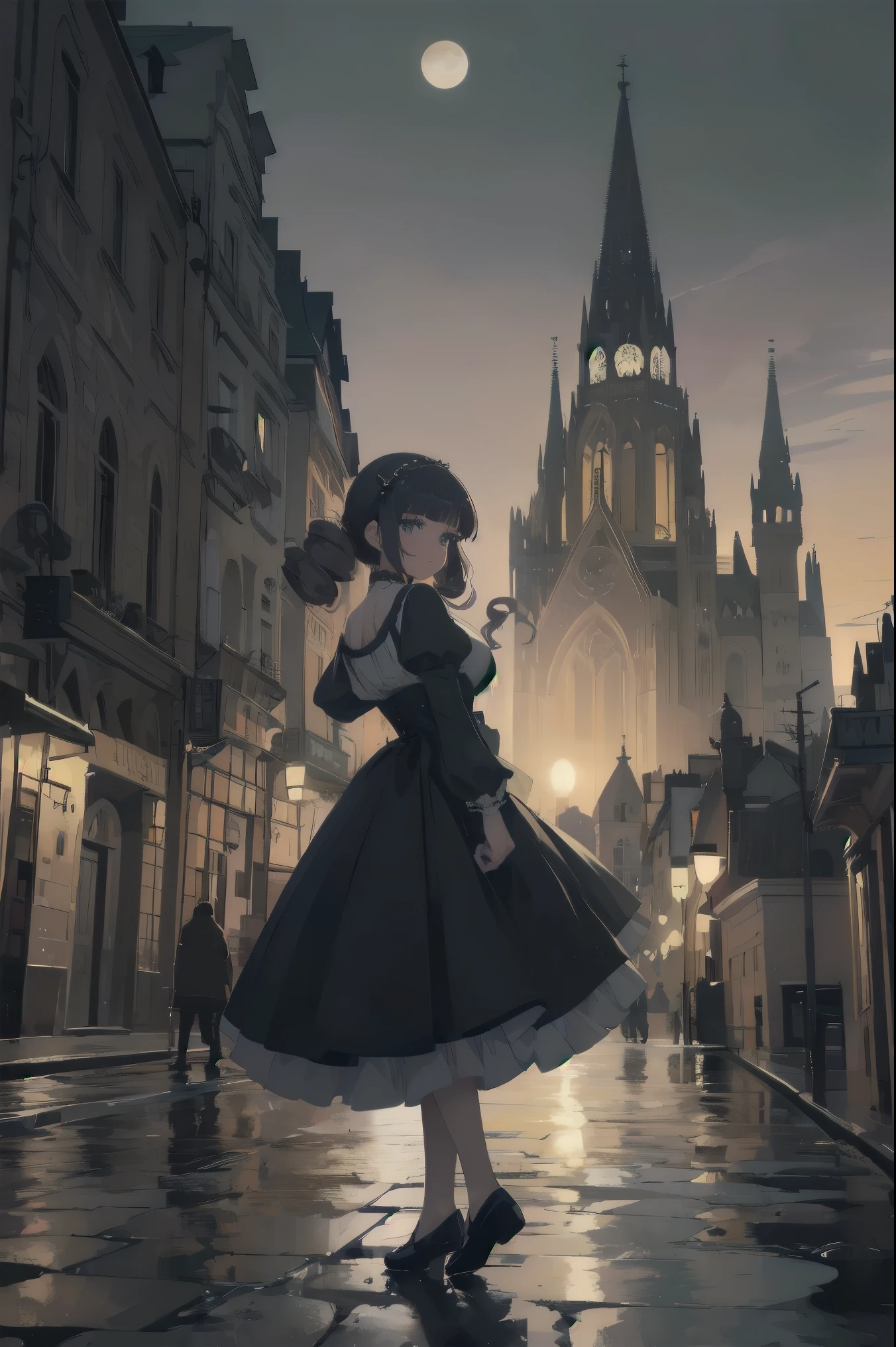 The fantastic and artistic illustration depicts Cleopatra standing on a moonlit rooftop in 1920s Vienna. She is dressed in a sumptuous Lolita-style dress, her chestnut curls flowing down her back. Below, the cobblestone street is bathed in soft light, and the silhouette of Stephans Cathedral looms in the distance. Bold posing with a cinematic effect and the cuteness of the character at the forefront.