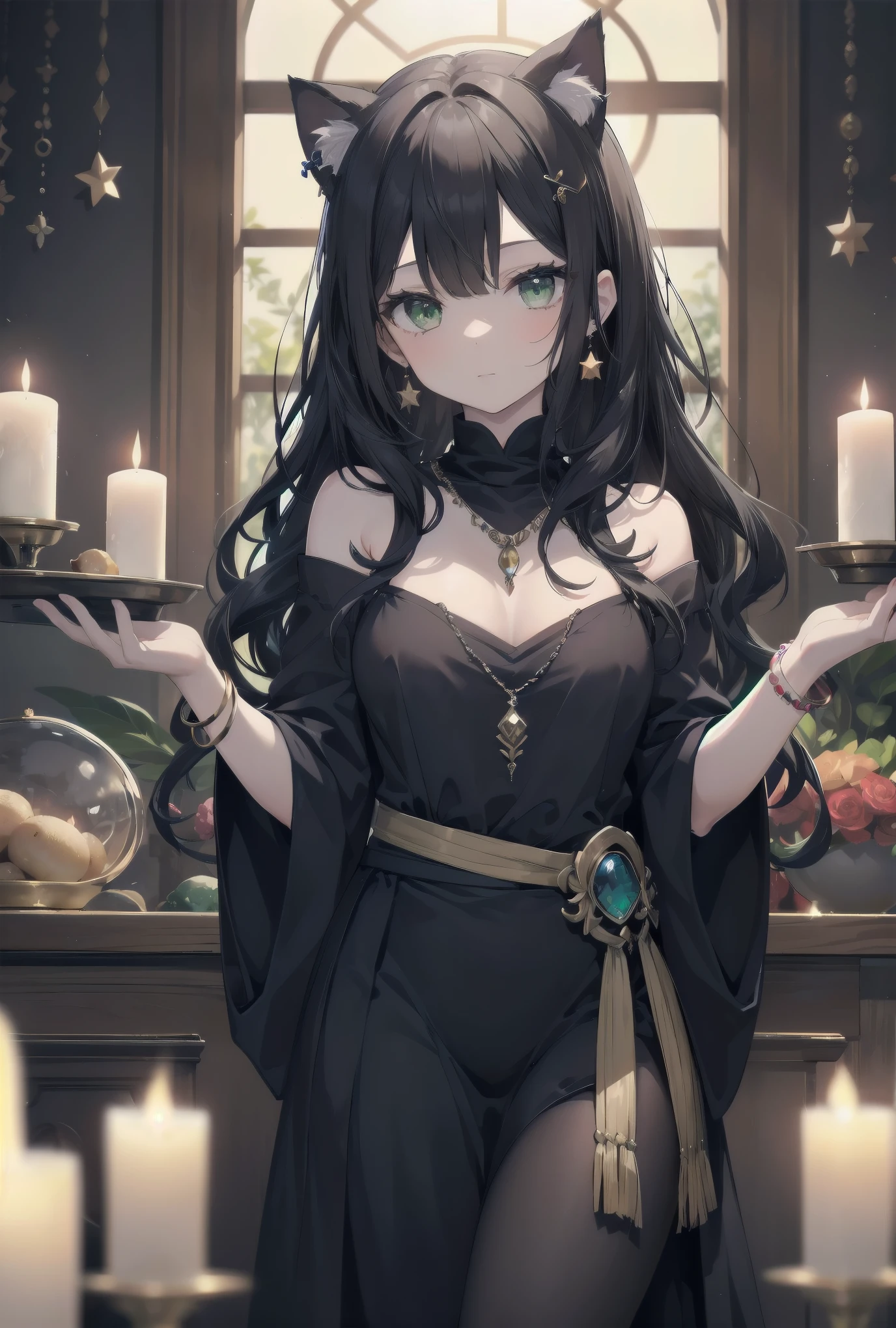 (female): solo, (perfect face), (detailed outfit), (20 years old), fortune teller, (cat ears), mysterious, (mysterious expression), (fortune telling), black hair, long hair, wavy hair, green eyes, pale skin, medium chest_circumference, gypsy top, long skirt, gemstone earrings, gemstone necklace, gemstone bracelet

(background): from front, indoor, fortune telling house, candle, star decorations, evening, clear

(effects): (masterpiece), (best quality), (sharp focus), (depth of field), (high res)