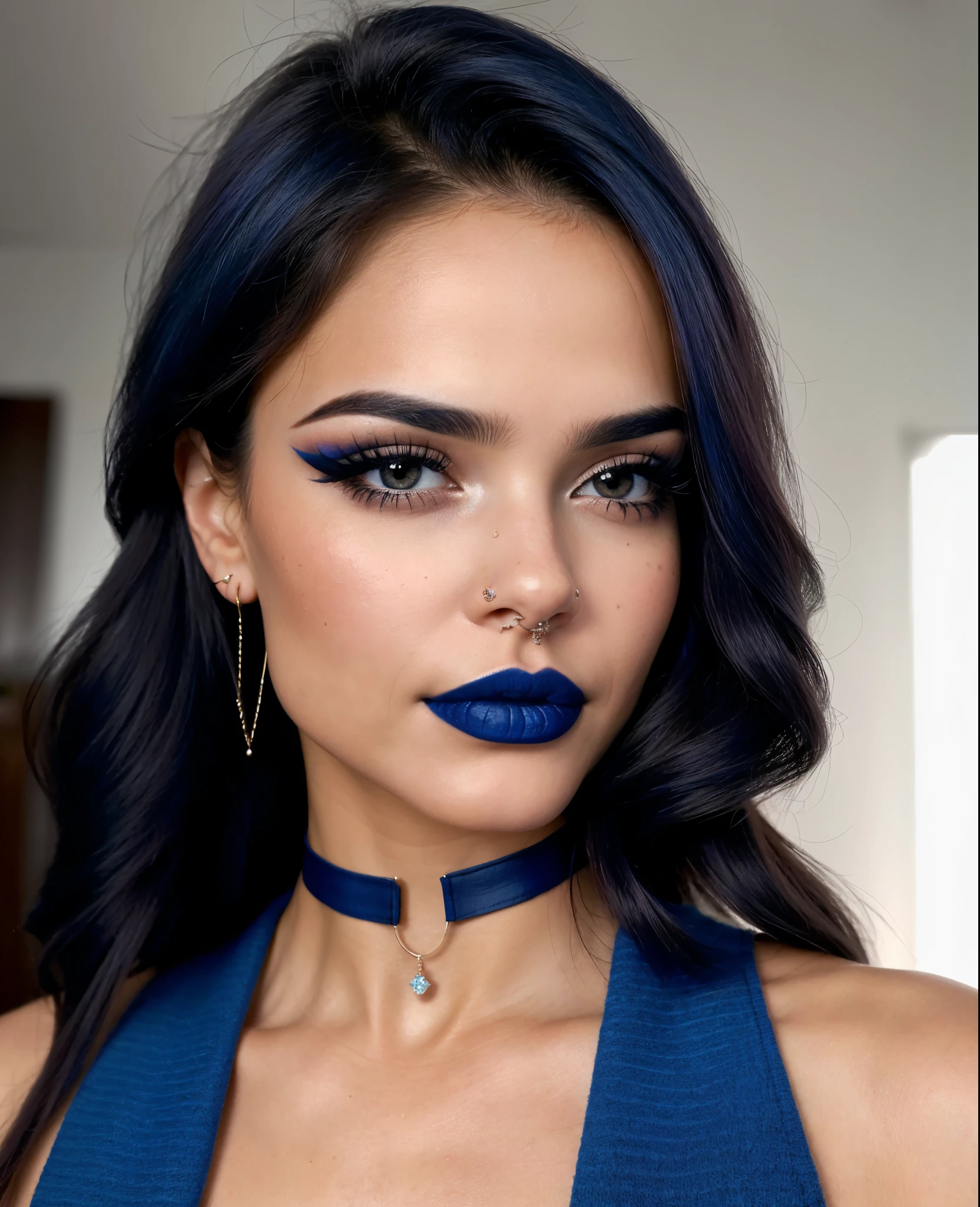 Rostro de mujer hermosa, labios llenos, blue tabs, cejas oscuras, cara linda, Pelo oscuro, sin maquillaje, belleza natural