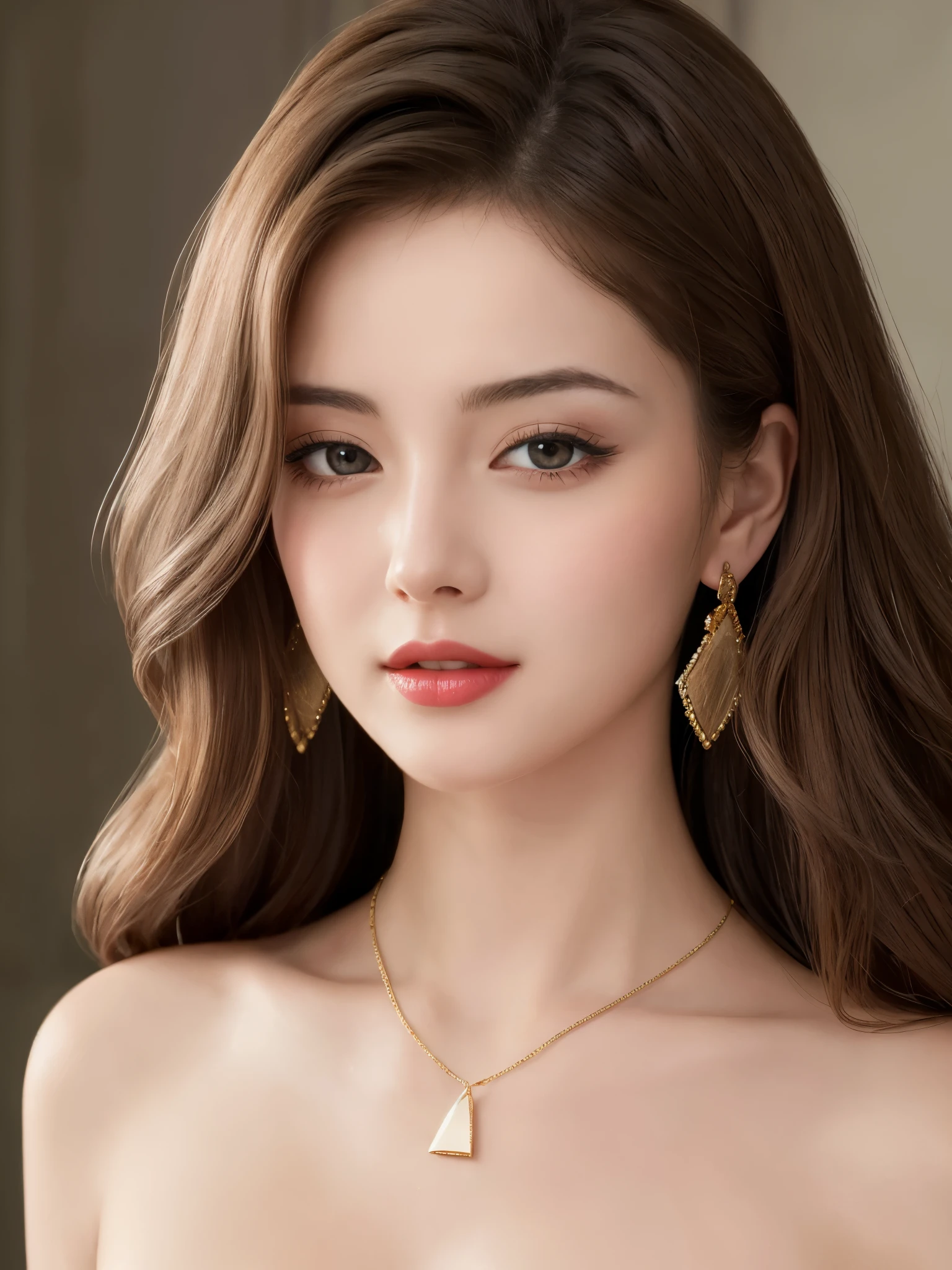 Beautiful black and brown medium hair realistic girl、18 year old girl、complete nudity、very sexy and realistic photos、from the chest up、Angle that emphasizes the face、Focus on the face、Ethereal beauty, Shiny beautiful hair、waves of long hair cascade down her shoulders, ((detailed face:1.2)), ((detailed faceの特徴)), delicate skin、Reflectors that add depth to her attractive features, Photographed with Canon EOS R5, 50MM lens, f/1.8, High resolution, (8K) (wallpaper) 、shadowless lighting、studio lighting、soft light, ((david hamilton style)), Bedroom in a luxury hotel in Rome、Dark night bedroom、Dark, warm, subdued indoor lighting、classic luxury decoration、big bed、big pillow、18 year old adult Japanese woman、translucent white skin、very white skin、clean skin without blemishes、Very big face、Silky delicate hair、Gorgeous wavy hair like an actress、thin eyebrows、long eyelashes、Horizontal and very beautiful brown eyes、highlight on eyes、Clear double eyelids、sexy very dark eyeshadow、big mouth、Very red lips、Sexy lips with slightly open mouth、smile a little、Very shy and sexy look、the most beautiful face、Marilyn Monroe in Japan、Eyes half closed、 body type、thin and long neck、exposing breasts、small sagging breasts、small nipples、large and luxurious gold necklace、Big gold earrings in the ears、Realistic anatomically correct body、very close up of the face、exposing breasts、from the chest upの肖像写真、from the front、from a little below、