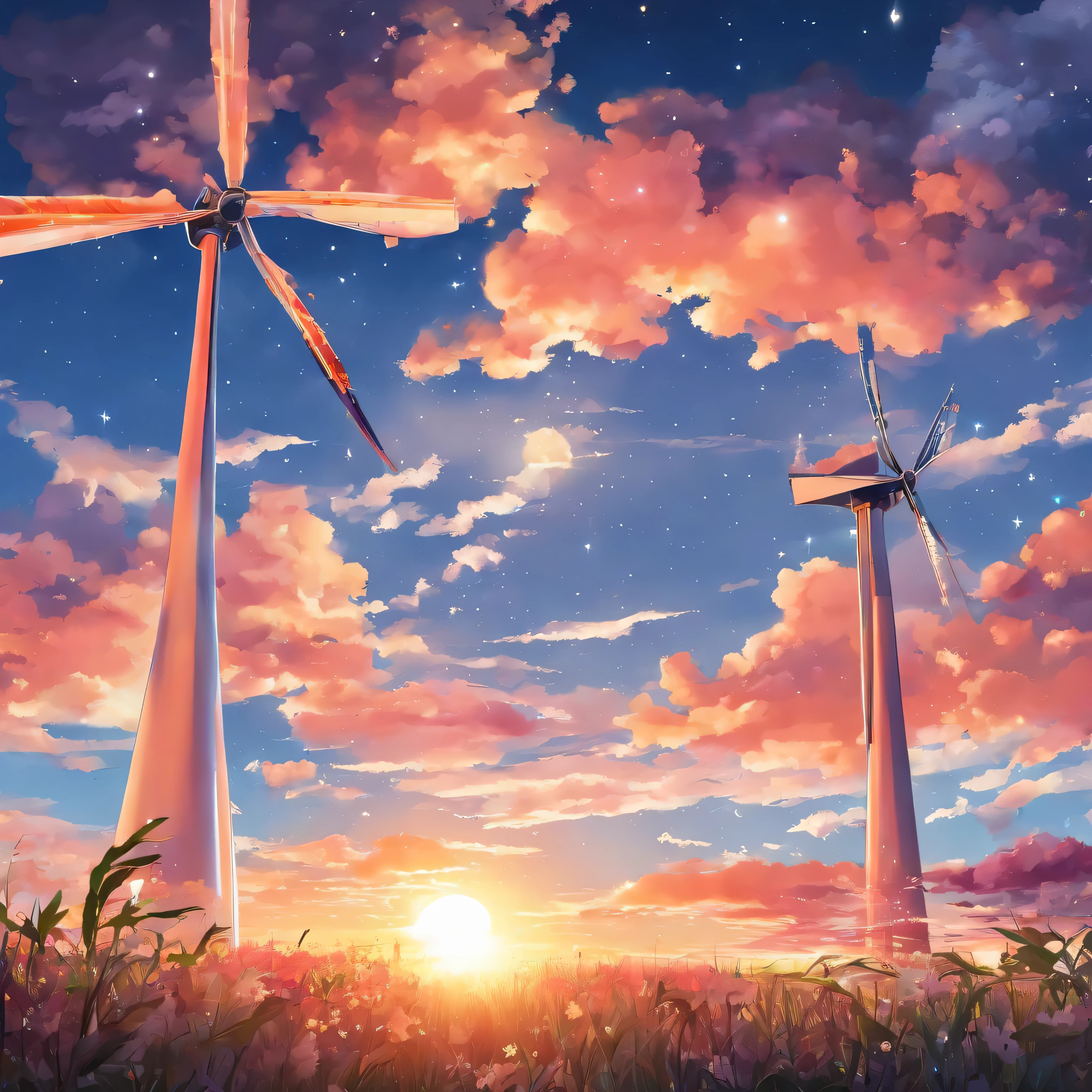 (Best quality,8k,High accuracy,Masterpiece:1.2),Very detailed,(real,photoreal,photo-real:1.37),sunset,Windmill,romantic,beautiful sky,Sparkling stars
