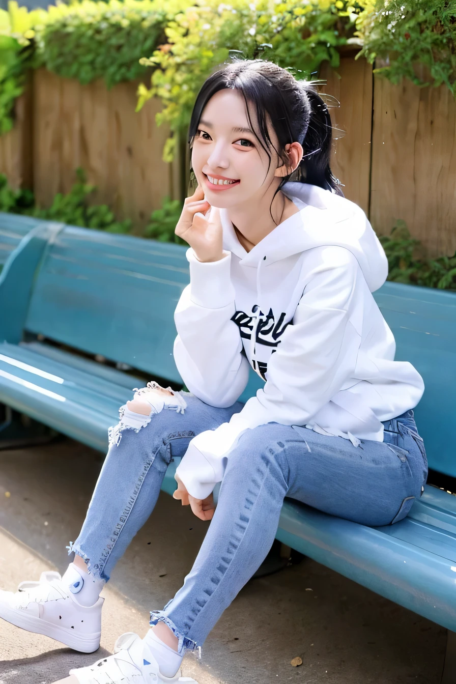 A neat and beautiful woman sitting on a park bench、black hair、hoodie、ear piercing、skinny denim、sneakers、wear socks、smile。、beautiful teeth、full body photo、
