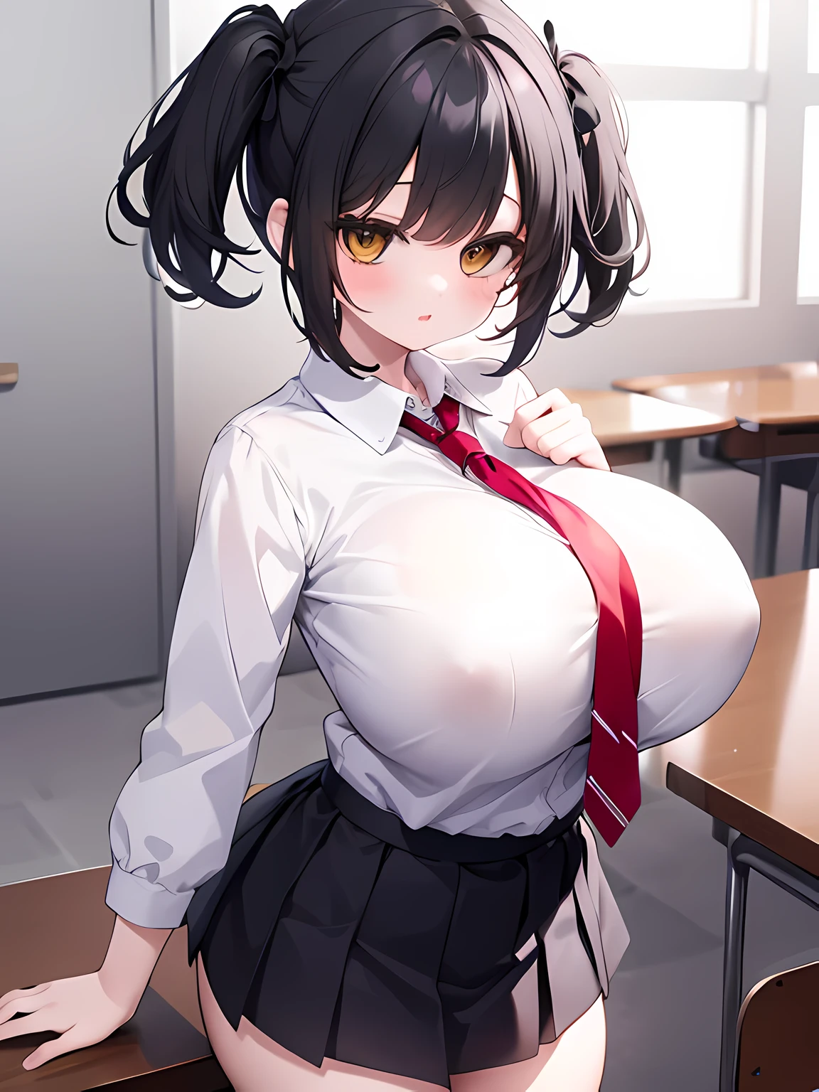 masterpiece,highest quality,(Super detailed),written boundary depth,perfect sentence, Detailed CG,Super detailed,(highly detailed eyes,very cute face,highly detailed face:1.3),beautiful anime girl,(solo girl:1.9),(super huge breasts:1.9),(black hair,short hair,2 sides up:1.7),(big yellow eyes:1.5),(low length),jitome,(smile full of joy),open your mouth,break,(university uniform,white collared shirt),red tie,micro mini skirt,black pleated skirt,classroom,dynamic pose,lift up the skirt yourself,show off panties,cowboy shot,(angle from the side)